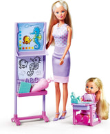 Simba Steffi Love School Day Teacher and Evi Student Dress Up Doll med svarta tavla, tre utbytbara svarta tavlor, stol med öppningsbord, 29 cm, åldrar 3+