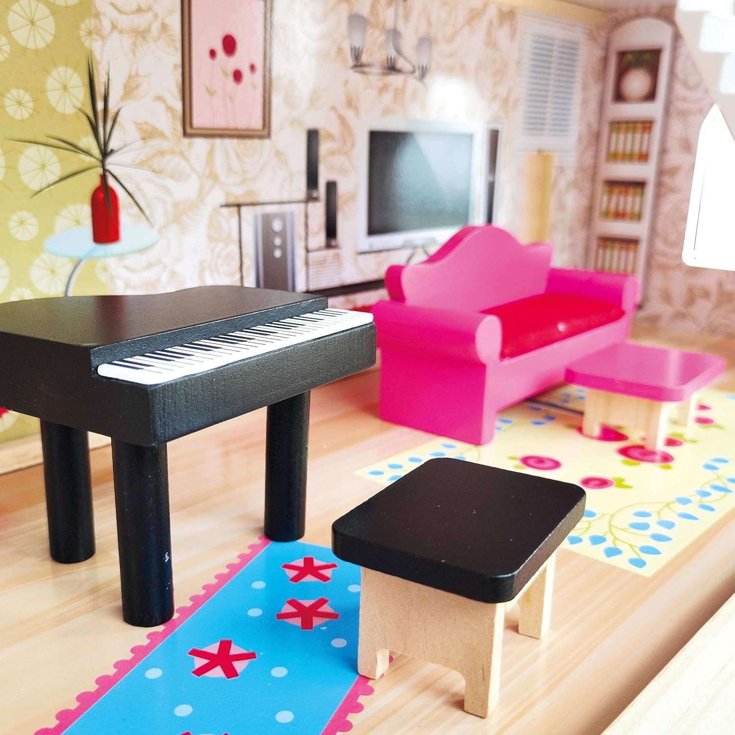 Bino World of Toys Dockhus med balkong, Leksak för småbarn från 3 år, med 3 våningar, trappor, 4 rum och balkong inkl. 15-TLG. Tillbehör, För att främja barns färdigheter, Rosa design Naty Shop dockskåp