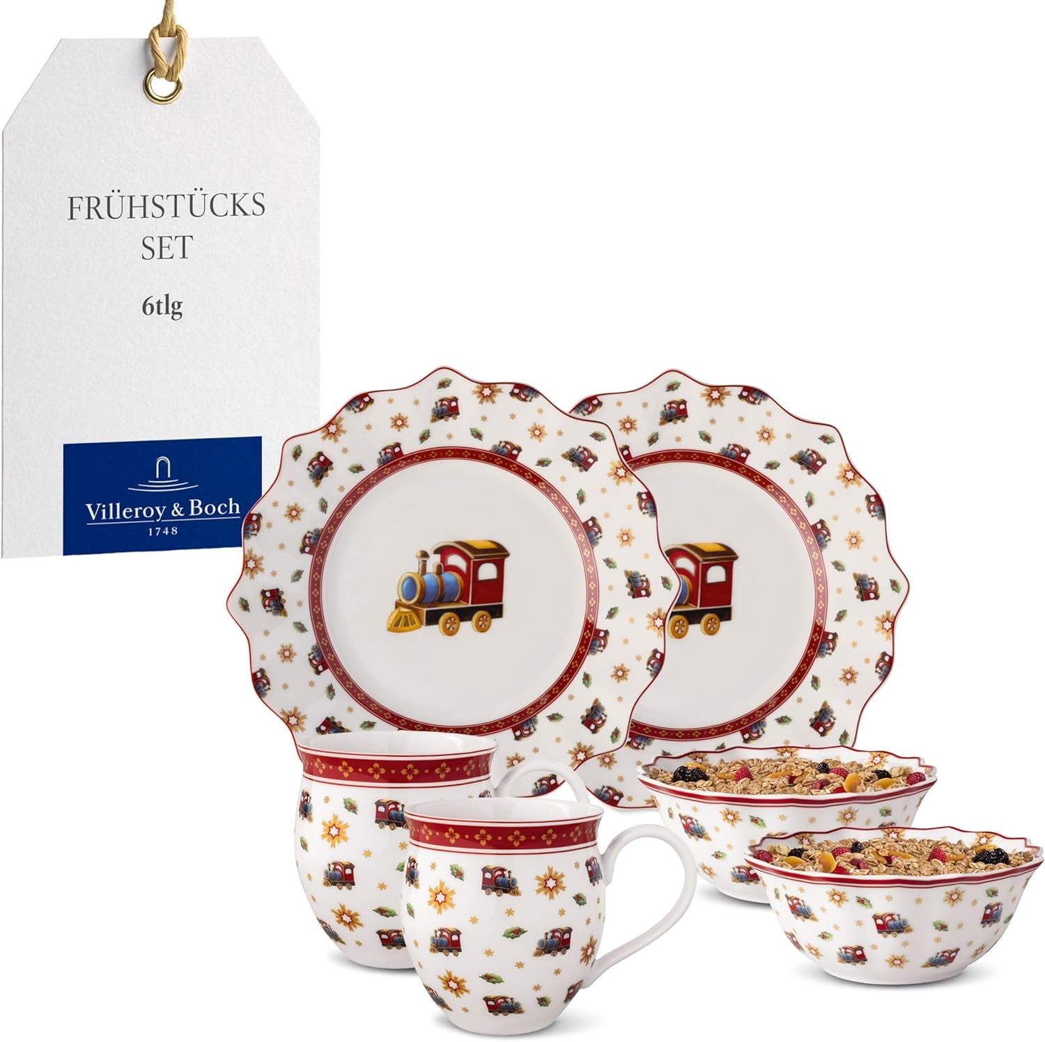 Villeroy & Boch - Toy's Delight frukostset för 2, lokdesign, 6 delar, färgglatt, jul, servisset med tallrikar, koppar och skålar till frukost, julservis, premiumporslin