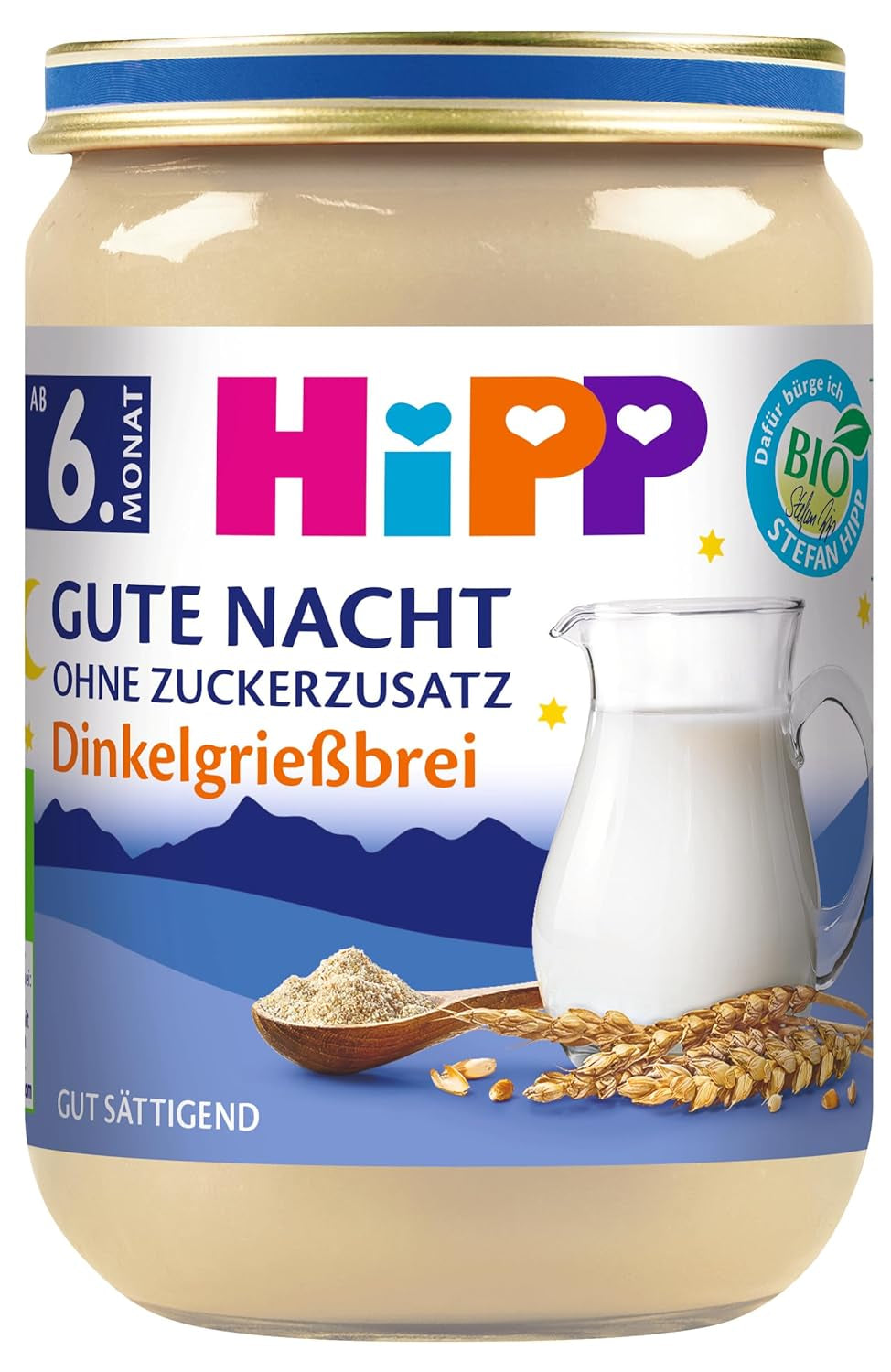 HiPP Ekologisk Good Night dinkelgröt (6 x 190g), barnmat från 6 månader, inget tillsatt socker, mycket mättande, bästa ekologiska kvalitet