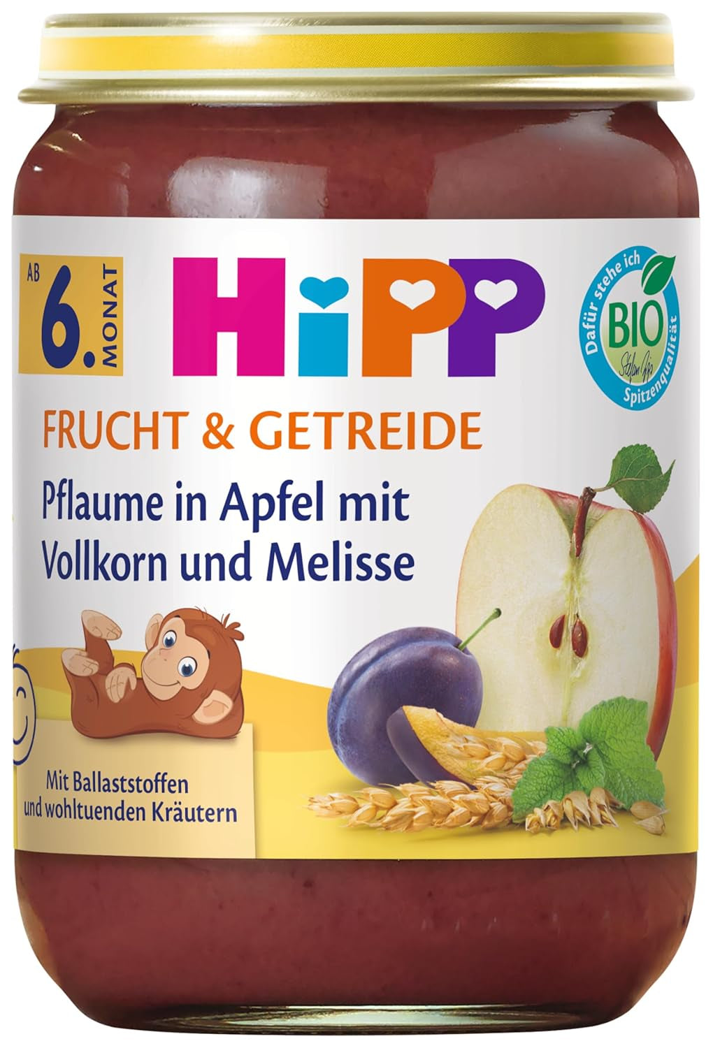 HiPP ekologiska plommon i äppelkräm med fullkorn och citronmeliss (6 x 190g), från 6 månader, med ekologiska fullkorn och välgörande örter, endast naturlig fruktsötma, av bästa ekologiska kvalitet