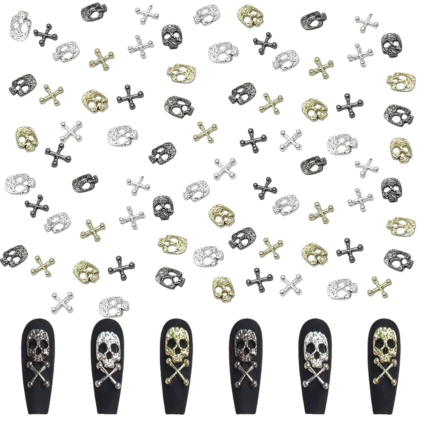 120 st Cross Skull Nail Art Decorations Set Guld Silver Metall Nail Art Charms Punk Legering Nail Art Smycken Sparkling Stones Tillbehör