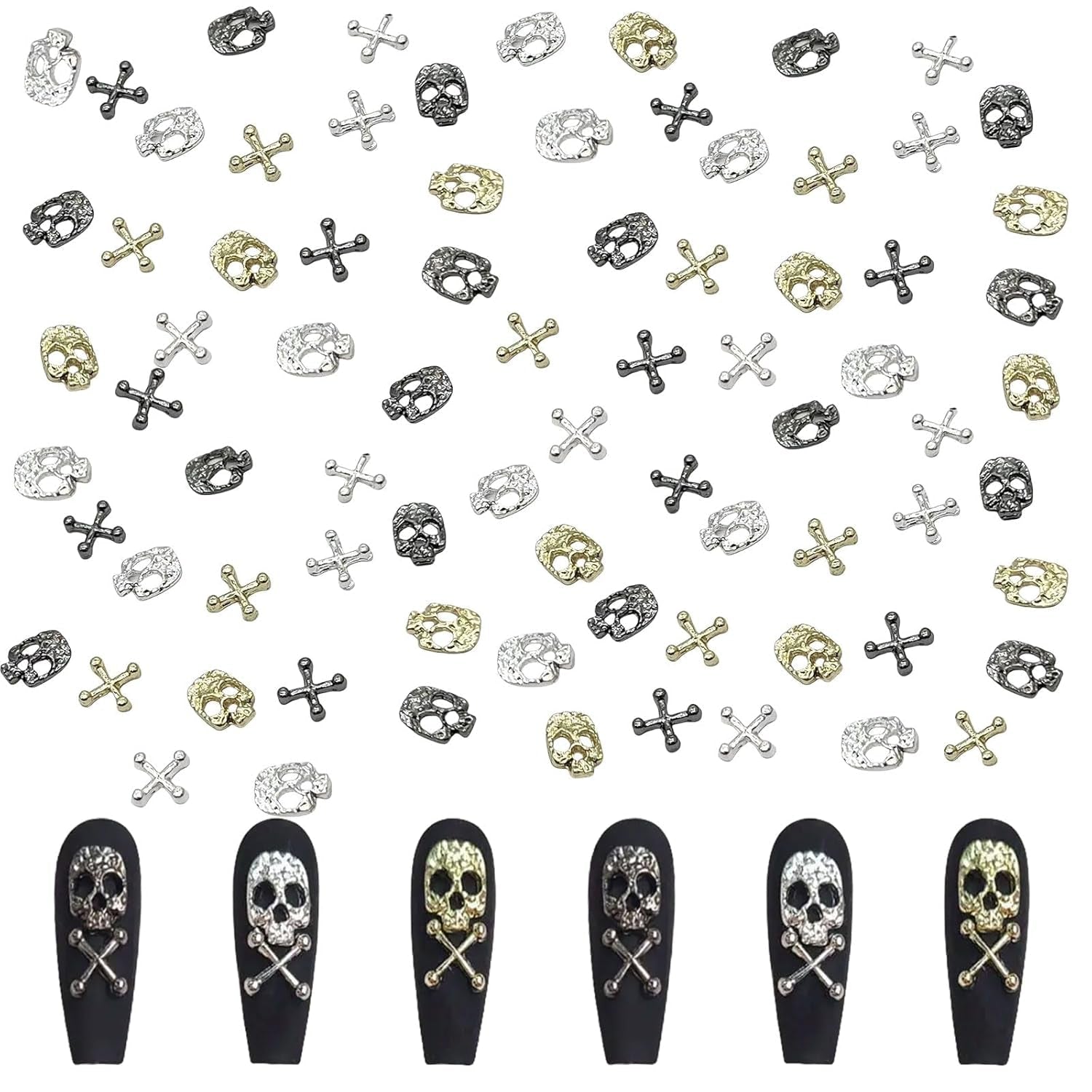 120 st Cross Skull Nail Art Decorations Set Guld Silver Metall Nail Art Charms Punk Legering Nail Art Smycken Sparkling Stones Tillbehör