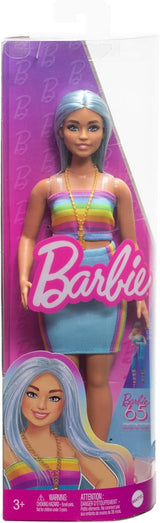 Barbie Fashionistas docka nr. 218 med långt blått hår, regnbågstopp och turkos kjol, 65-årsdag samlardocka, HRH16 Naty Shop Dolls