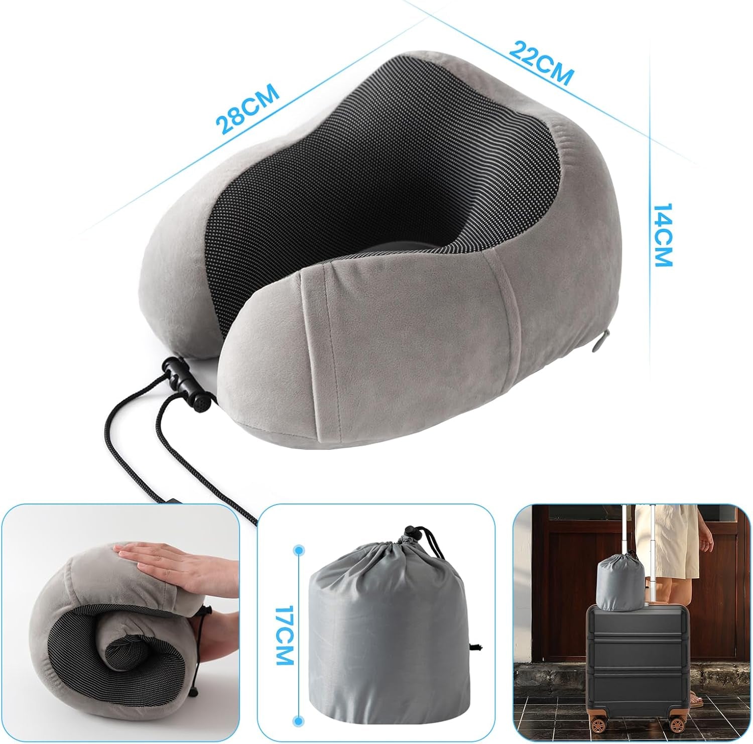 Nackkudde, Flygplans Nackkudde, Resekudde, Vuxen Nackkudde, Bil Nackkudde, Hemma Kudde, Ergonomisk Memory Foam Kudde, Tvättbar Smal rygg, Justerbar, Grå