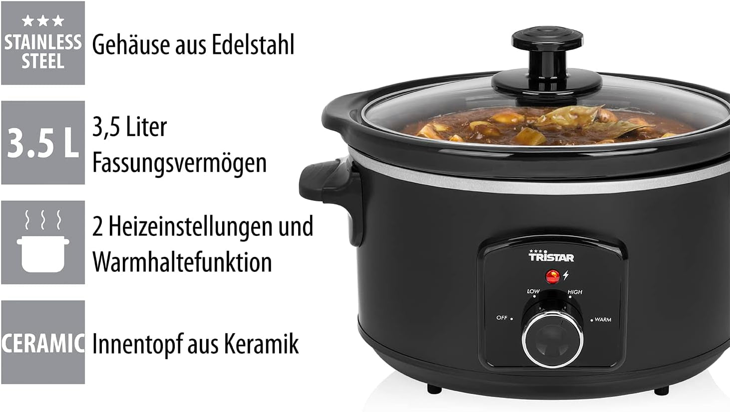 Tristar VS-3915 slowcooker, keramikgryta i rostfritt stål med 2 värmeinställningar och varmhållningsfunktion, 3,5 L Slow Cooker Naty Shop