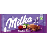 Milka druvor och hasselnötter – alpin mjölkchoklad med bitar av hasselnötter och russin – 90g