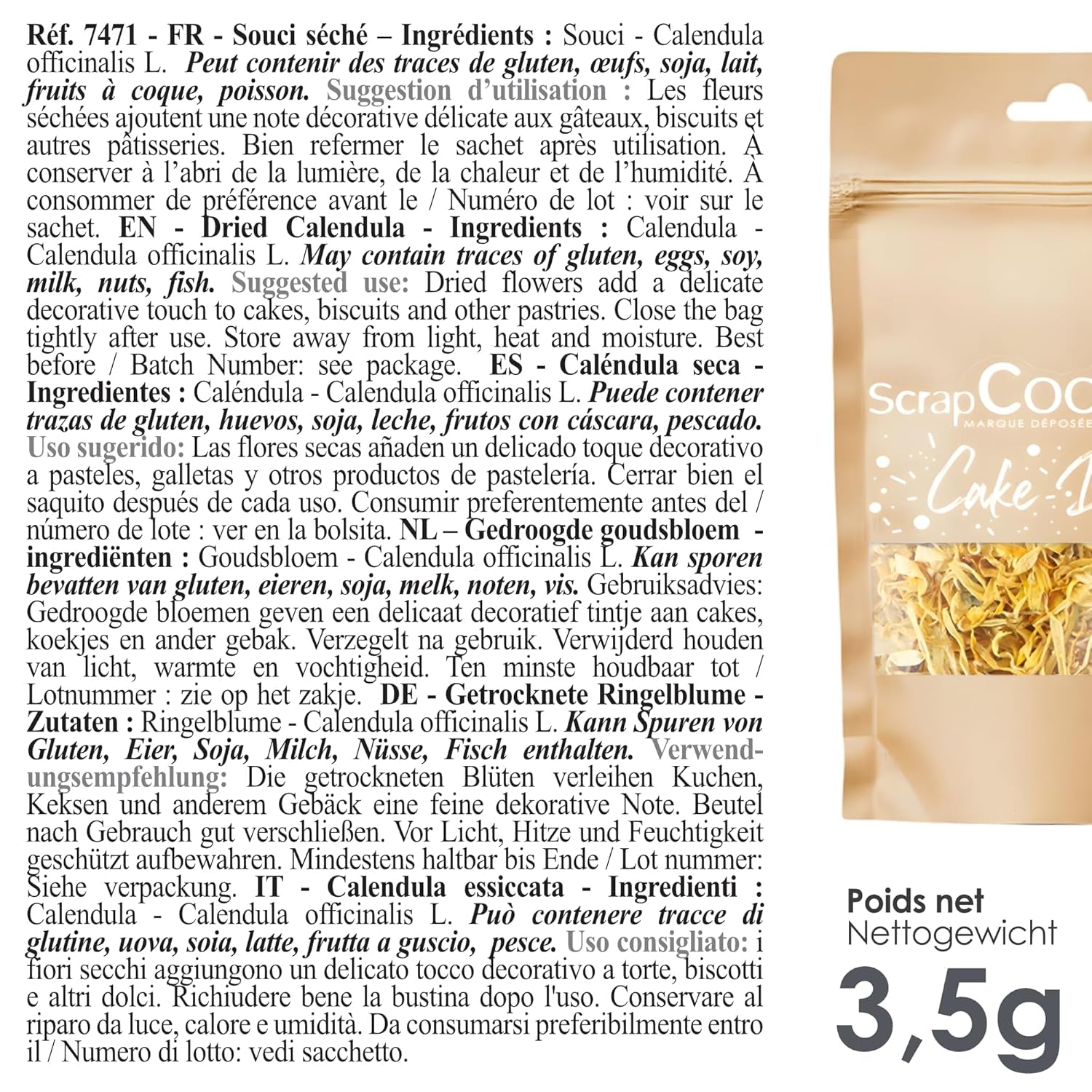ScrapCooking - Torkade ringblommor 3,5 g - Ätliga blommor - Matdekorationer för bakning - För efterrätter, kakor, tårtor, muffins - Jul, vår, födelsedag - Gyllene gul - 7471