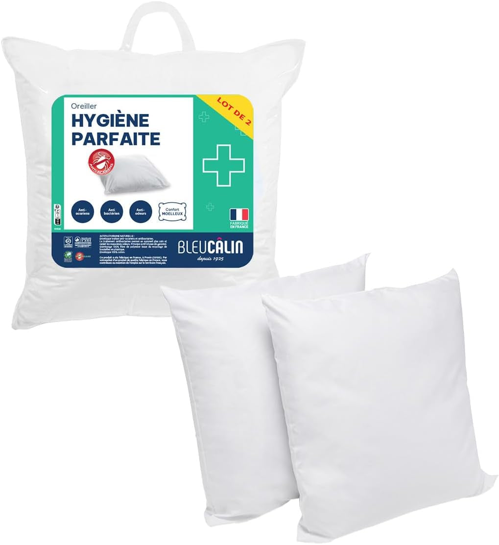 Bleu Câlin Set med 2 rektangulära kuddar anti-kvalster, anti-bakteriell, fluffig komfort, T 60X60 Cm, 100% bomull, perfekt hygiensortiment Naty Shop standardkuddar Fyrkantig form 60 X 60 Cm