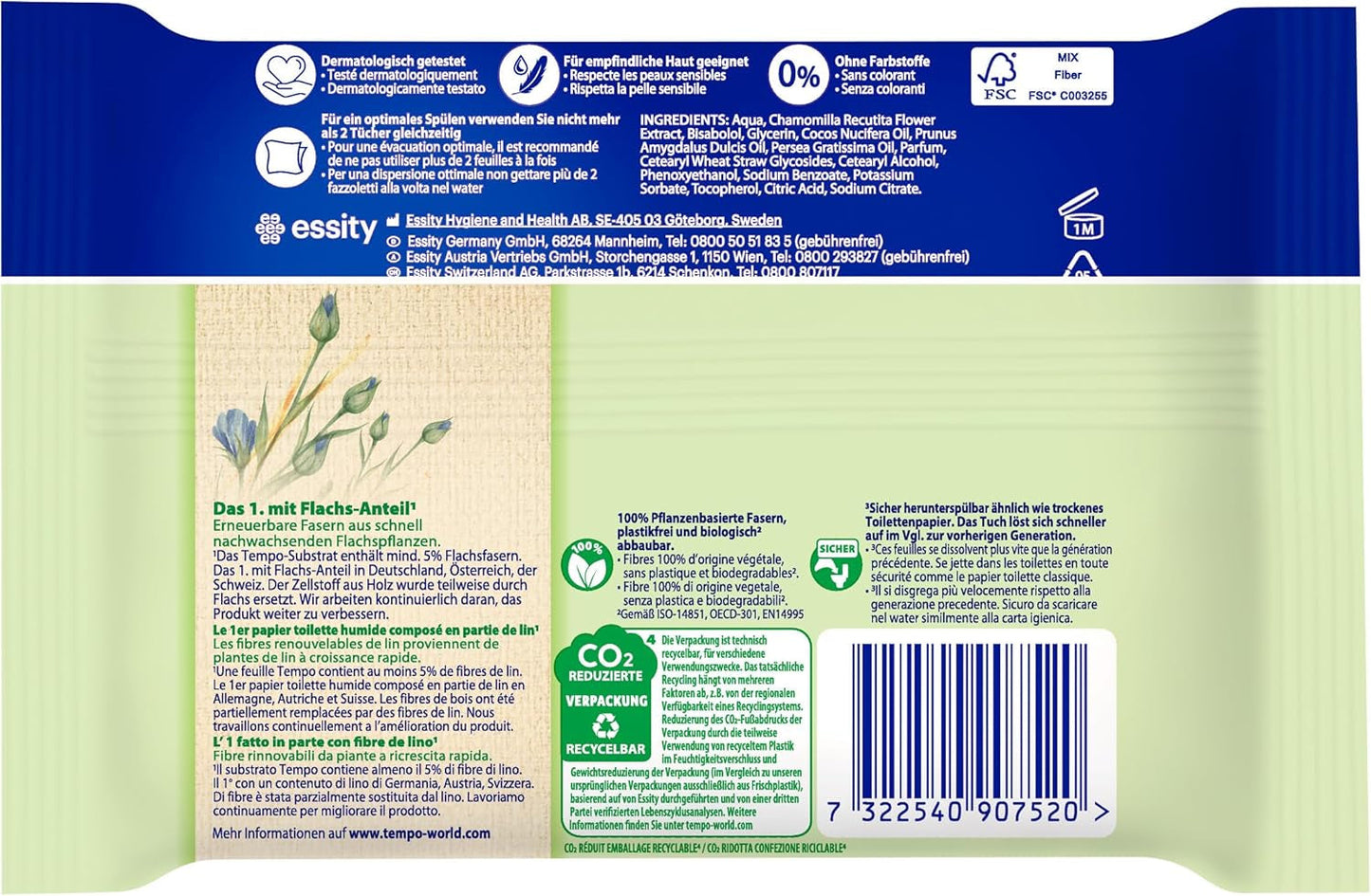 Tempo ''Gentle & Sensitive'' våttoalettservetter - Megapack - 16 paket med 42 våtservetter vardera - Duo Pack - Natural Aloe Vera - Hygieniskt papper, dermatologiskt testat, hudneutralt
