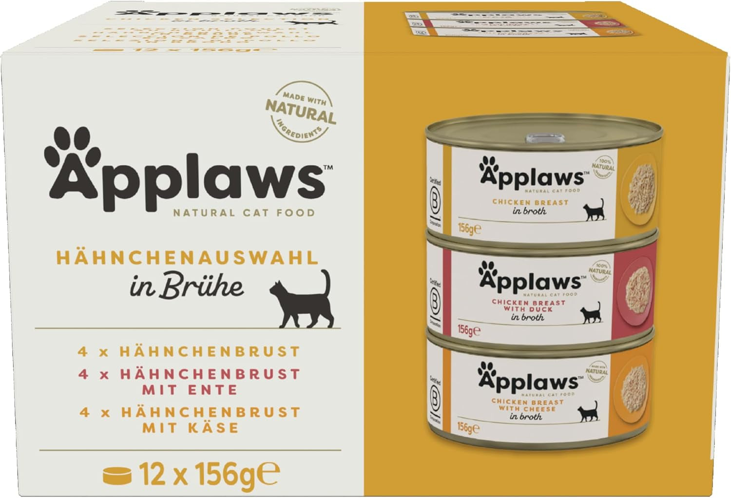 Applaws 100 % naturlig premium våt kattmat Kyckling i buljong Multipack - 12 burkar x 156 g förpackning