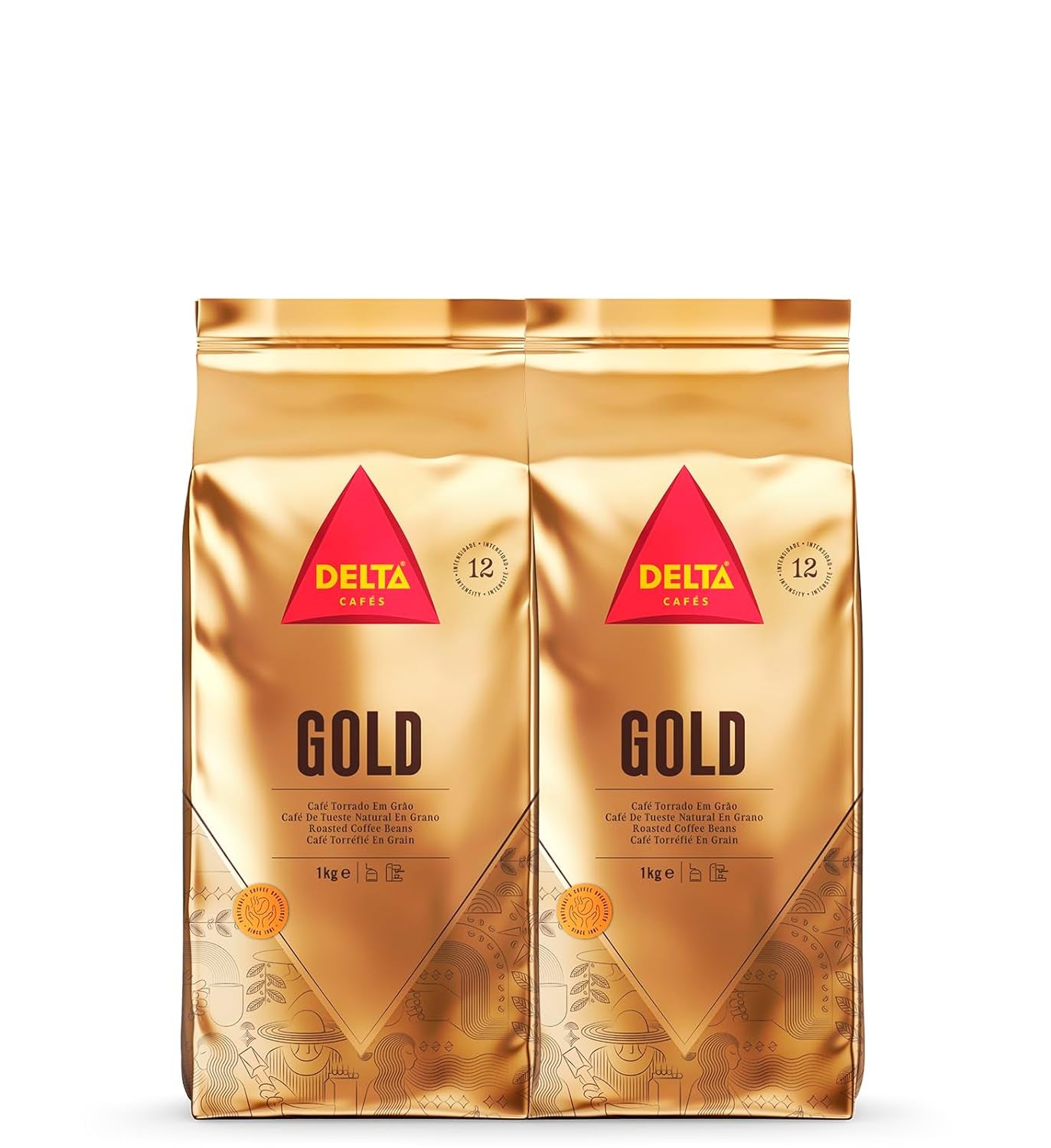 Delta Cafés - Kaffeebohnen Gold - 2 paket à 1 kg - Intensität 12 - Vollmundige Arabica-Röstkaffebohnenmischung - Sehr aromaticisch mit Noten von Honig und Reifen Früchten