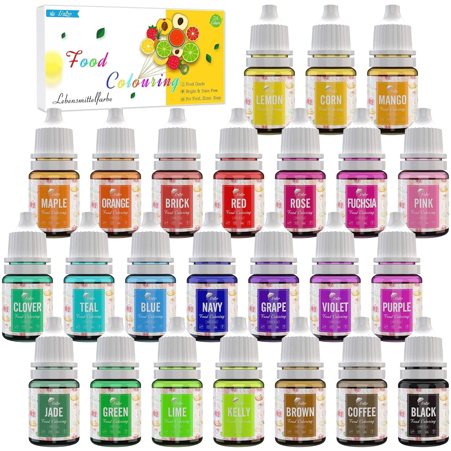 24 färger matfärgning - flytande matfärg för bakning av kakor, kakor, macarons, dekoration och matlagning - livlig matfärg för luftborstning, fondant - 6 ml styck