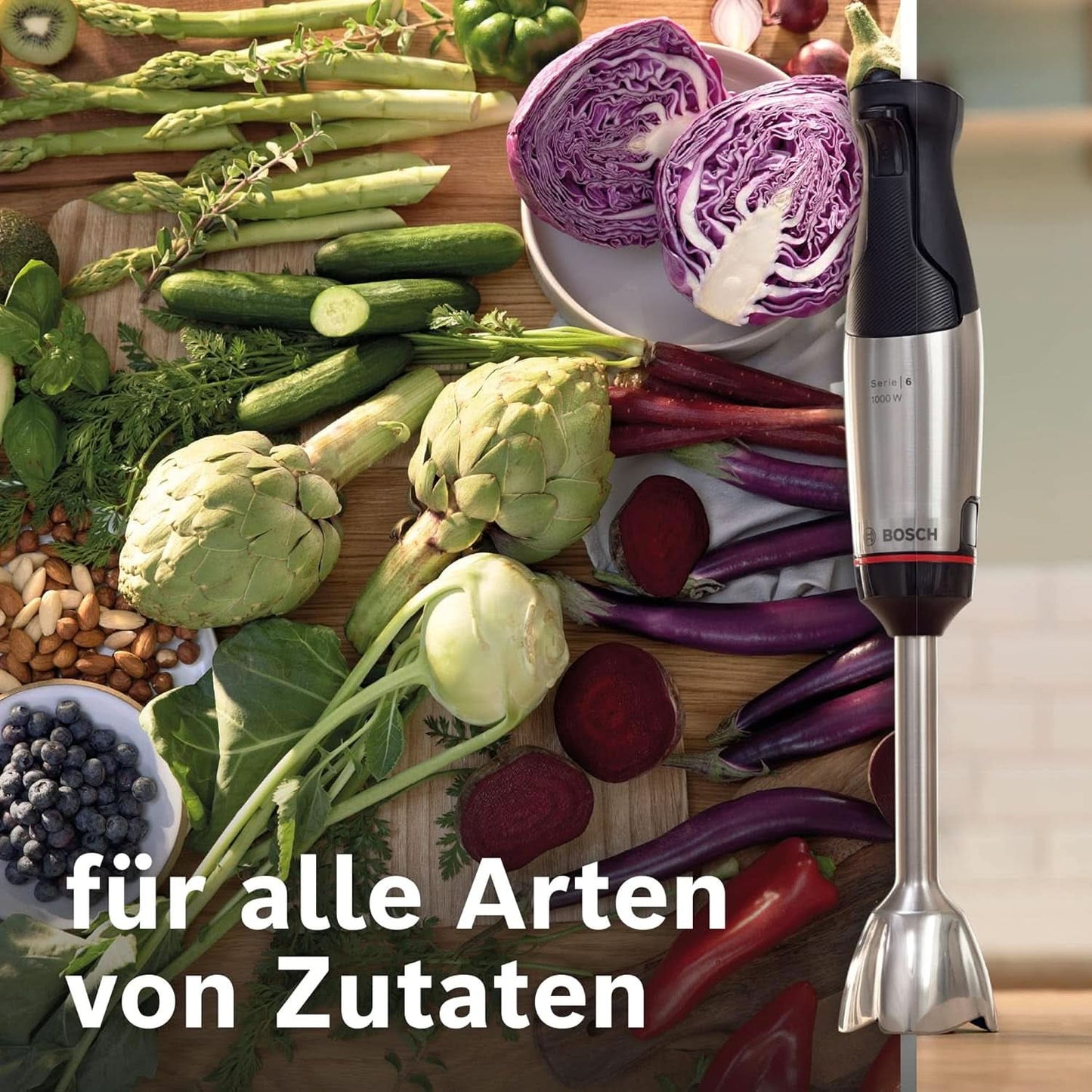 Bosch Stabmixer Ergomaster Serie 6 MSM6M673, 10 Jahre Motorgarantie, Edelstahl-Klingen, Verschleißfreie Keramik-Kupplung, Luftkühlung, Zerkleinerer, Kartoffelstampfer, Schneebesen, 1000 W Kitchen Naty Shop