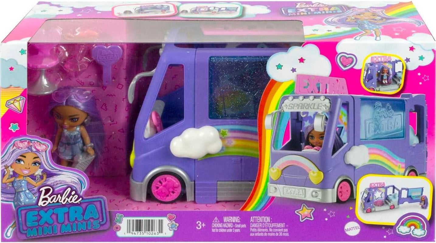 Barbie Extra Mini Mini Doll, Extra Mini Mini Doll med Extra Glitter Touring Van, inklusive Makeup Station och Showtillbehör, Barnpresent, Leksak för åldrarna 3 och uppåt, HKF84