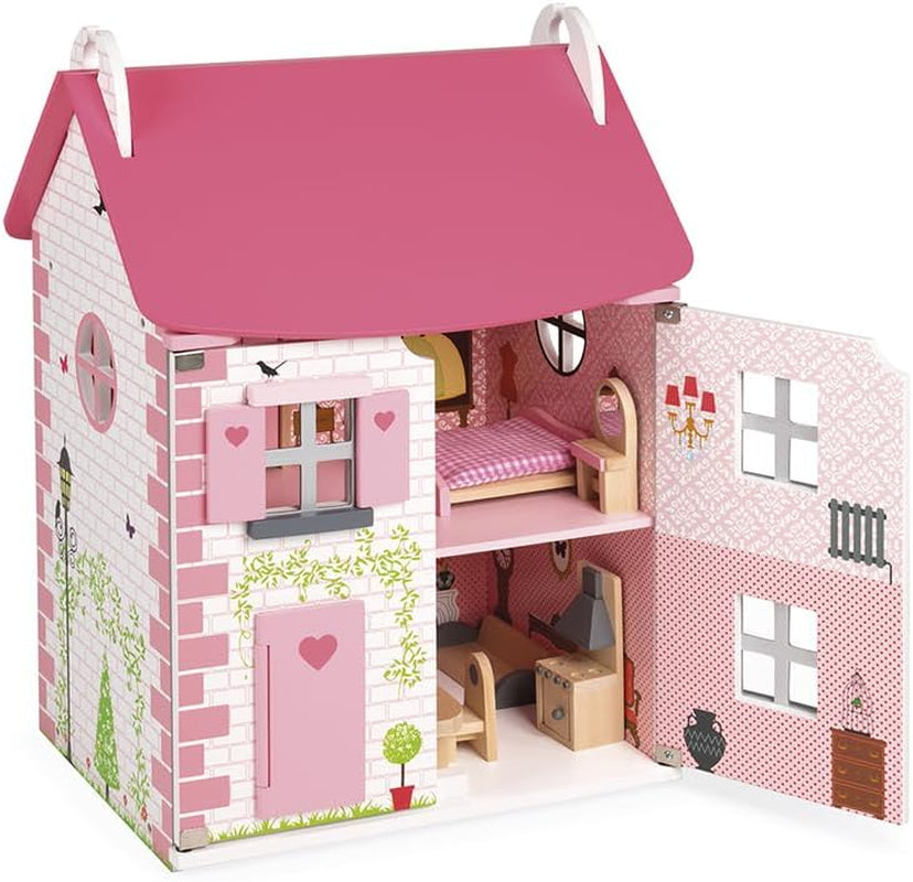 Janod - Mademoiselle Wooden Doll House, 3 våningar och 11 tillbehör, leksaksreplika, utvecklar fantasin, åldrar 3+, J06581, Pink Naty Shop Classic Dollhouses
