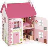 Janod - Mademoiselle Wooden Doll House, 3 våningar och 11 tillbehör, leksaksreplika, utvecklar fantasin, åldrar 3+, J06581, Pink Naty Shop Classic Dollhouses