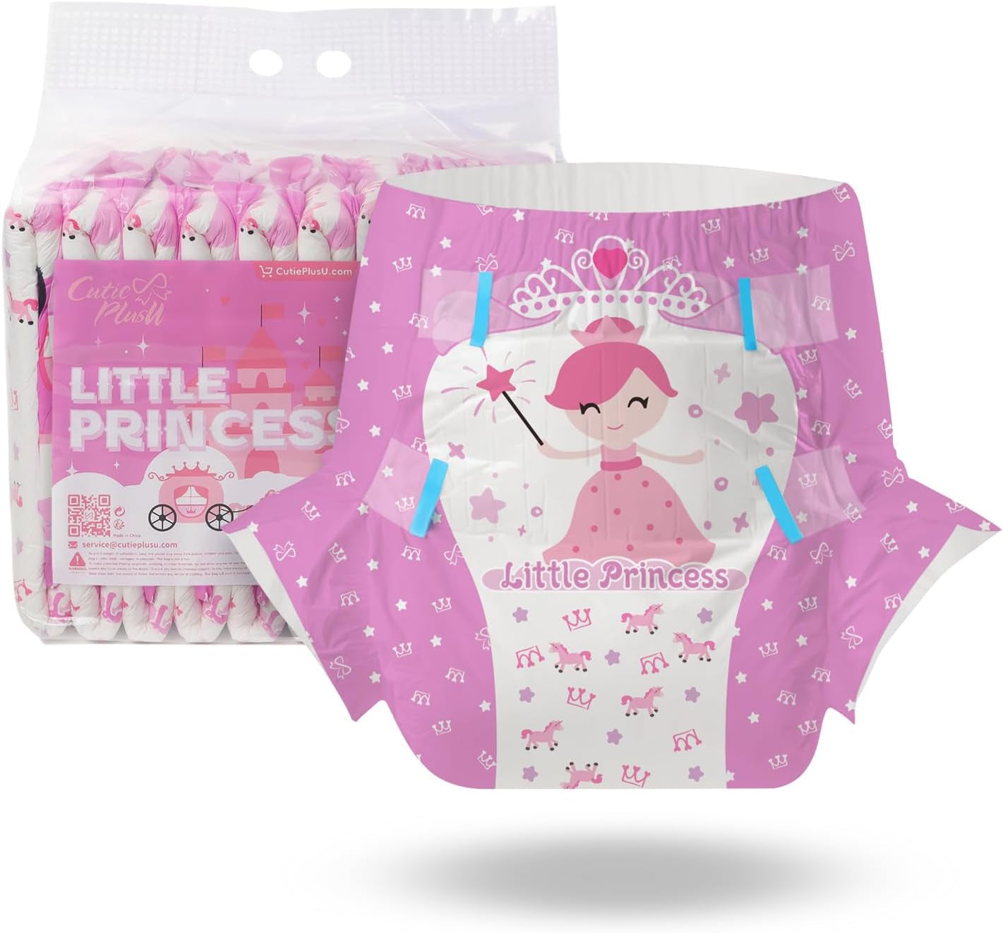 CutiePlusU vuxenblöjor, 10 stycken, inkontinenstrosor för engångsbruk med lakan för kvinnor och män, maximal absorptionsförmåga över natten - Lilla prinsessan (stor storlek 94-119 cm)