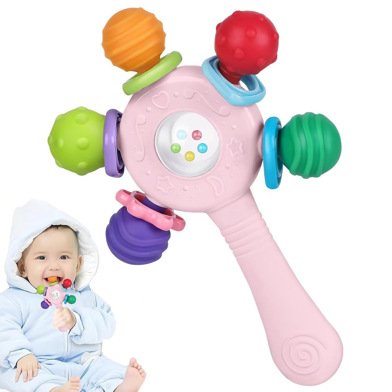 Livsmedelsklassade babybitringar - BPA-fria, kvävningsbeständig design, förstärkt grepp, lämplig för hörsel och tandutveckling, idealisk för spädbarn 0-36 månader (vit)
