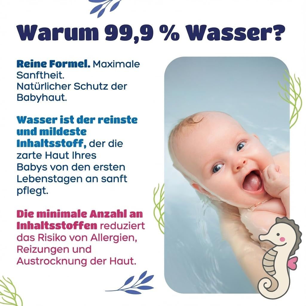 Kindii Water Care Wet Wipes - Aqua Baby Wipes - 100% Viskos, 99,9% Vatten, Grapefruktextrakt, Scarf Storlek 150x200, 100% biologiskt nedbrytbar, plastfria, rengöringsservetter för känslig hud