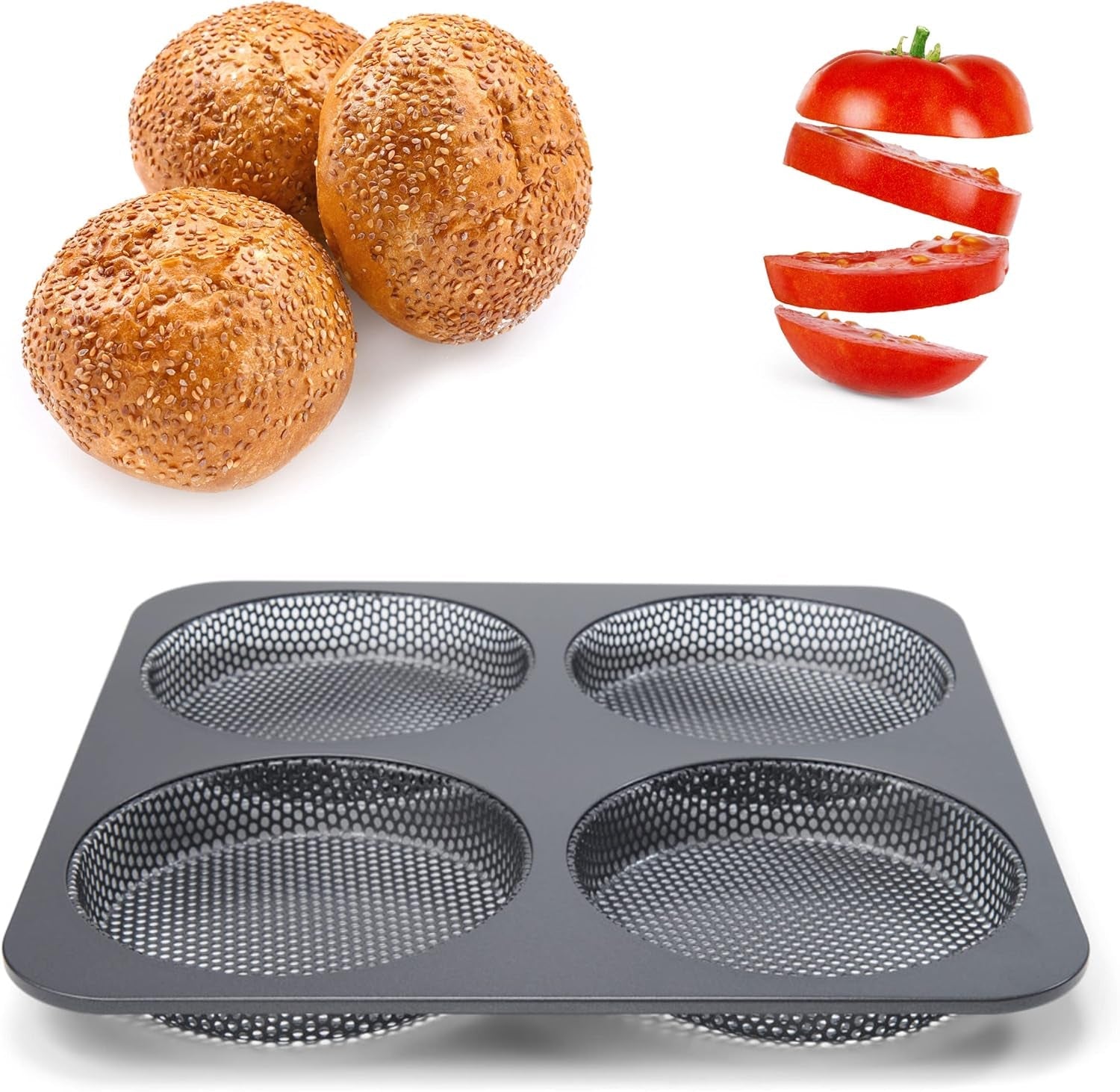 Hamburgerbrötchen, Perforiert, Antihaftbeschichte, 4 Runde Mulden Mit Je 12 Cm, Pfannengröße 28 X 28 Cm, 2,5 Cm Tief, Mittelgroß, Schwarz Formar och plåtar för bakning Naty Shop