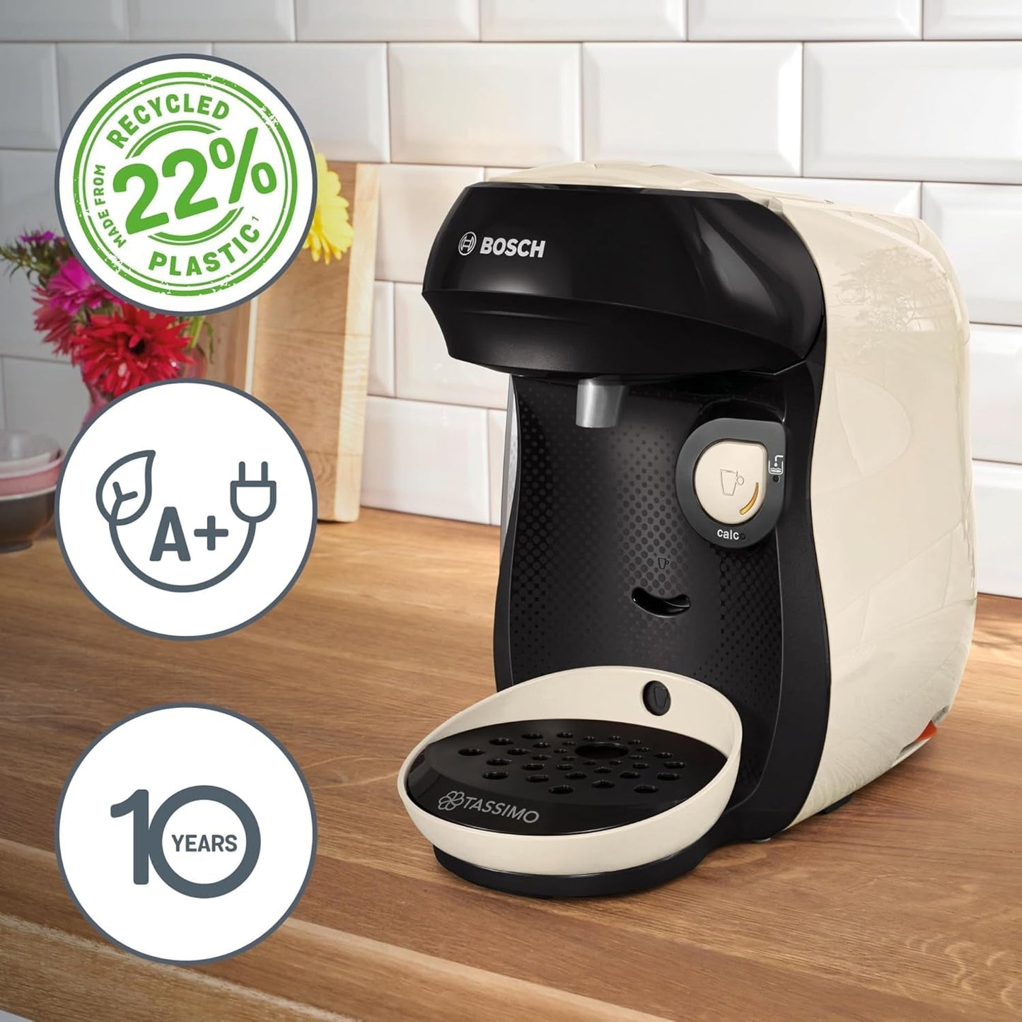 Bosch Tassimo Happy Friendly TAS107E Kapselespressomaskin, 70+ drycker, Lämplig för alla koppar, Auto-Stop, Hållbar, Perfekt Dosering, Platssparande, 1400W, Kräm/svart
