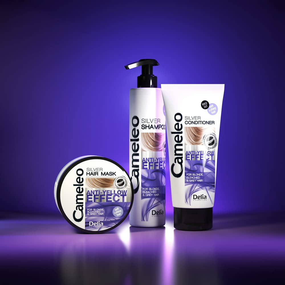 Cameleo - Silverfärgningsmask - Ingen gul effekt - Violettbehandling och färgskydd för blont, grått, vitt hår - Platinanyanser - UV-skydd - Parabenfri - 200 ml Naty Shop hårmask