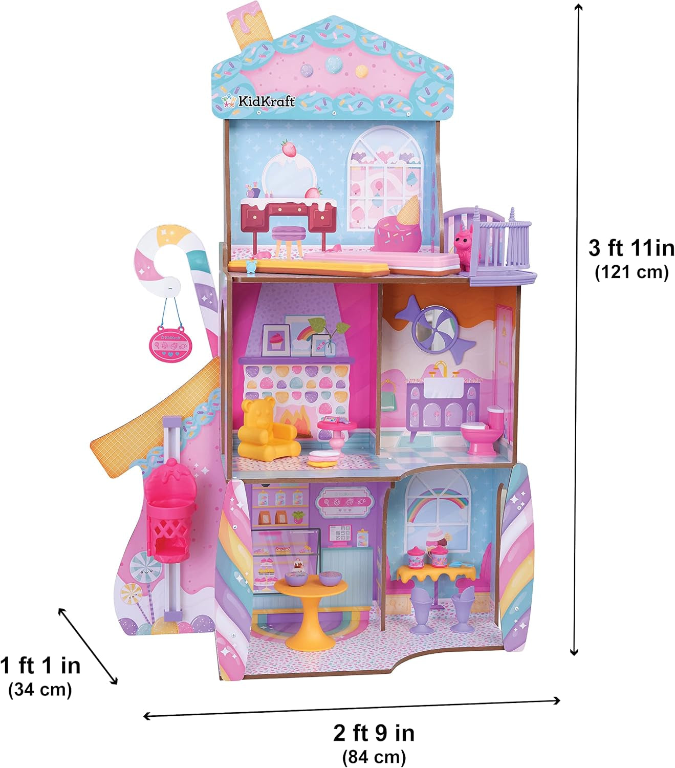Kidkraft Candy Castle Trädockhus med möbler och tillbehör, Lama Unicorn Figure House, Ice Cream Cake Lift och gummistol för dockor, leksak för 3 år gammal, 20242 Naty Shop Dollhouses