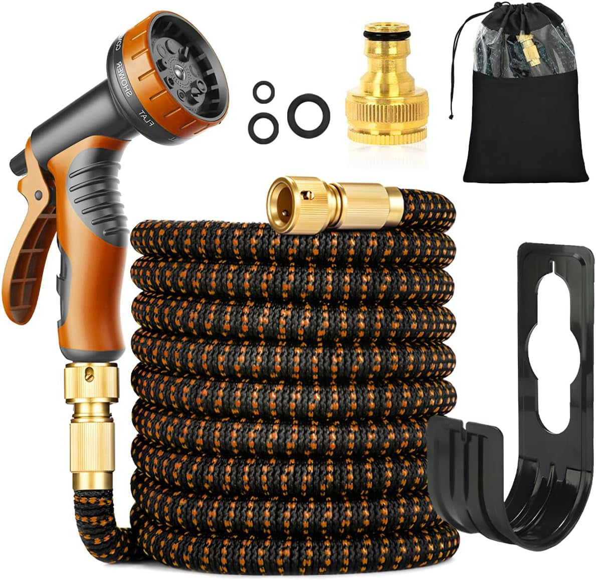 30m/100ft grön flexibel trädgårdsslang med sprutmunstycke och 3/4" och 1/2" mässingsanslutningar 10 funktioner 3-faldigt förlängningsbar No Bink Utdragbar vattenslang för uteplatsbil för trädgårdsgolv