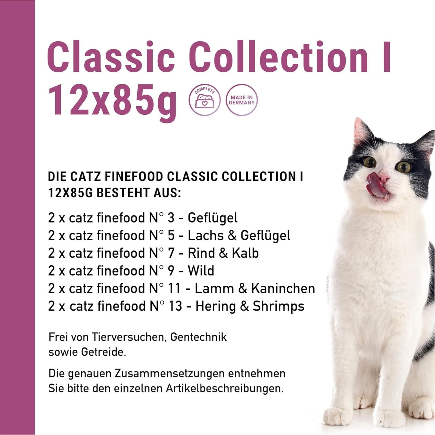 Catz Finefood Classic Collection Mixed Pack Wet Cat Food - Gourmet våtfoder för din katt, spannmålsfri och sockerfri, med hög kötthalt, 24 påsar x 85g