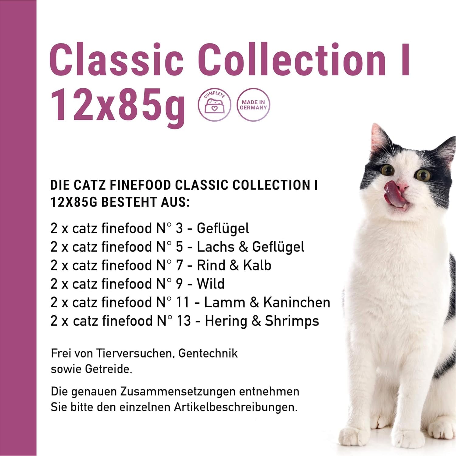 Catz Finefood Classic Collection Mixed Pack Wet Cat Food - Gourmet våtfoder för din katt, spannmålsfri och sockerfri, med hög kötthalt, 24 påsar x 85g
