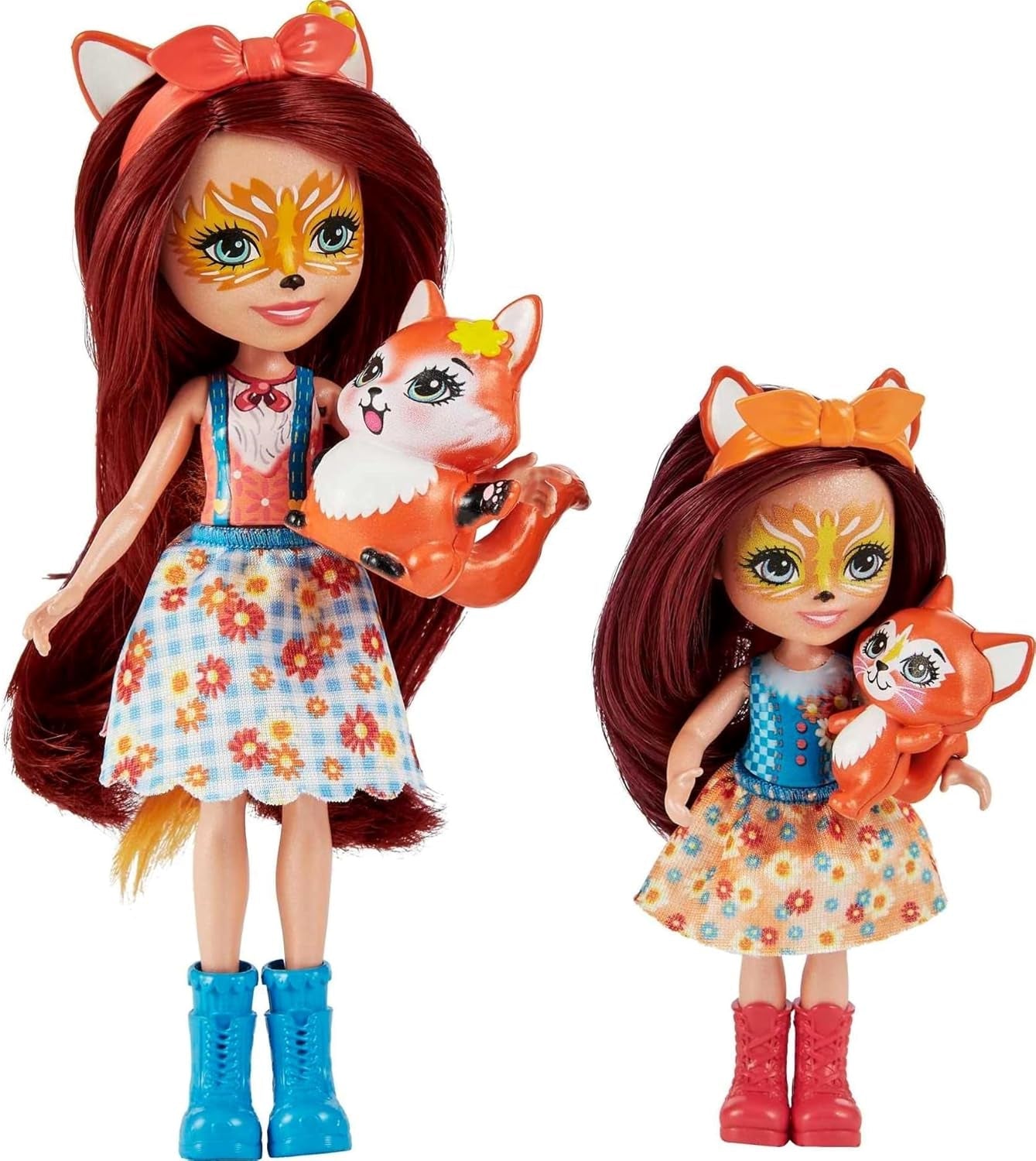 Enchantimals HCF81 - Felicity Fox och hennes lillasyster (ca 15cm och ca 10cm) och 2 djurfigurer, avtagbar kjol och accessoarer, bra present till barn från 3 år och uppåt