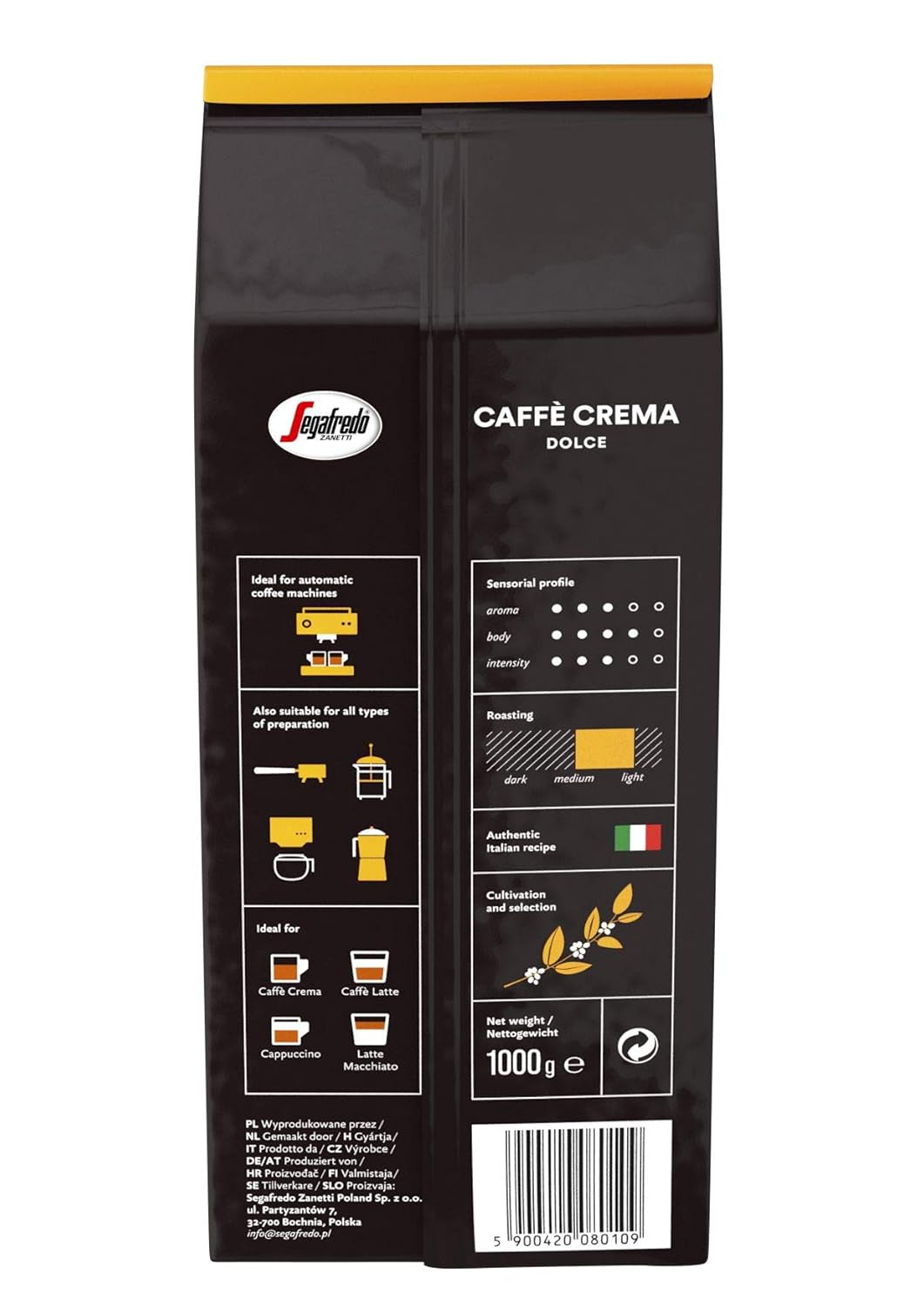 Segafredo Zanetti Caffè Crema Dolce - Hela bönor (1 kg-pack) - Lämplig för Caffè Crema - Lätt till medelrostade kaffebönor med mild och balanserad smak (2-pack)