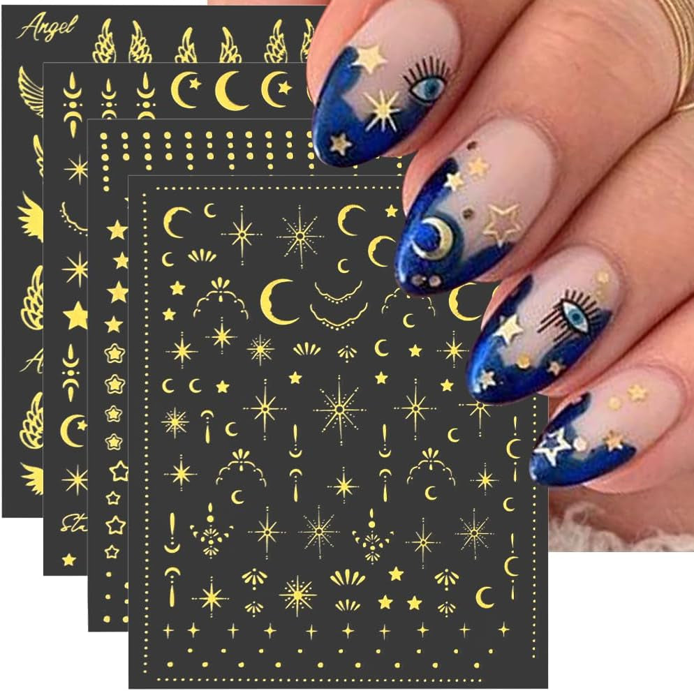 8 ark Guld Måne och stjärnor Nail Art Stickers Angel Wings Tan Guld Nail Stickers Stars Nagelfolier Självhäftande nagelklistermärken Nageldesign Tillbehör Nagelklistermärken