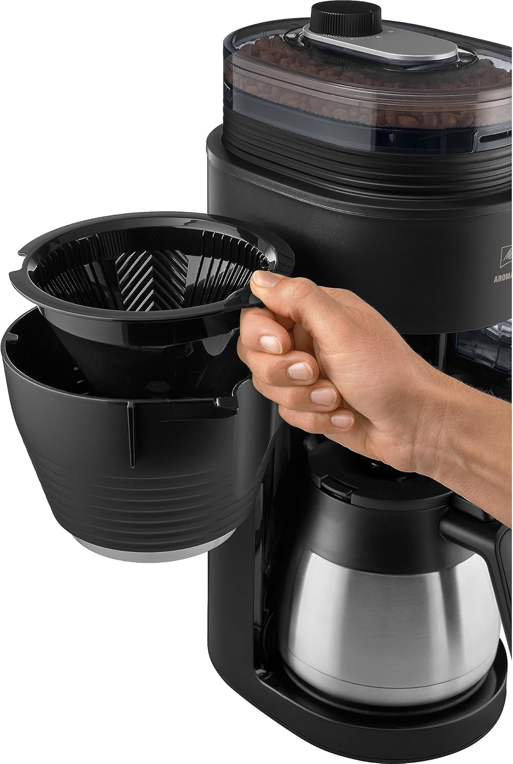 Melitta AromaFresh Therm Pro X - Espressomaskin med filter, integrerad kvarn, avtagbar vattentank, rostfri termokanna och timerfunktion, för upp till 8 koppar kaffe, svart/silver