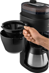 Melitta AromaFresh Therm Pro X - Espressomaskin med filter, integrerad kvarn, avtagbar vattentank, rostfri termokanna och timerfunktion, för upp till 8 koppar kaffe, svart/silver