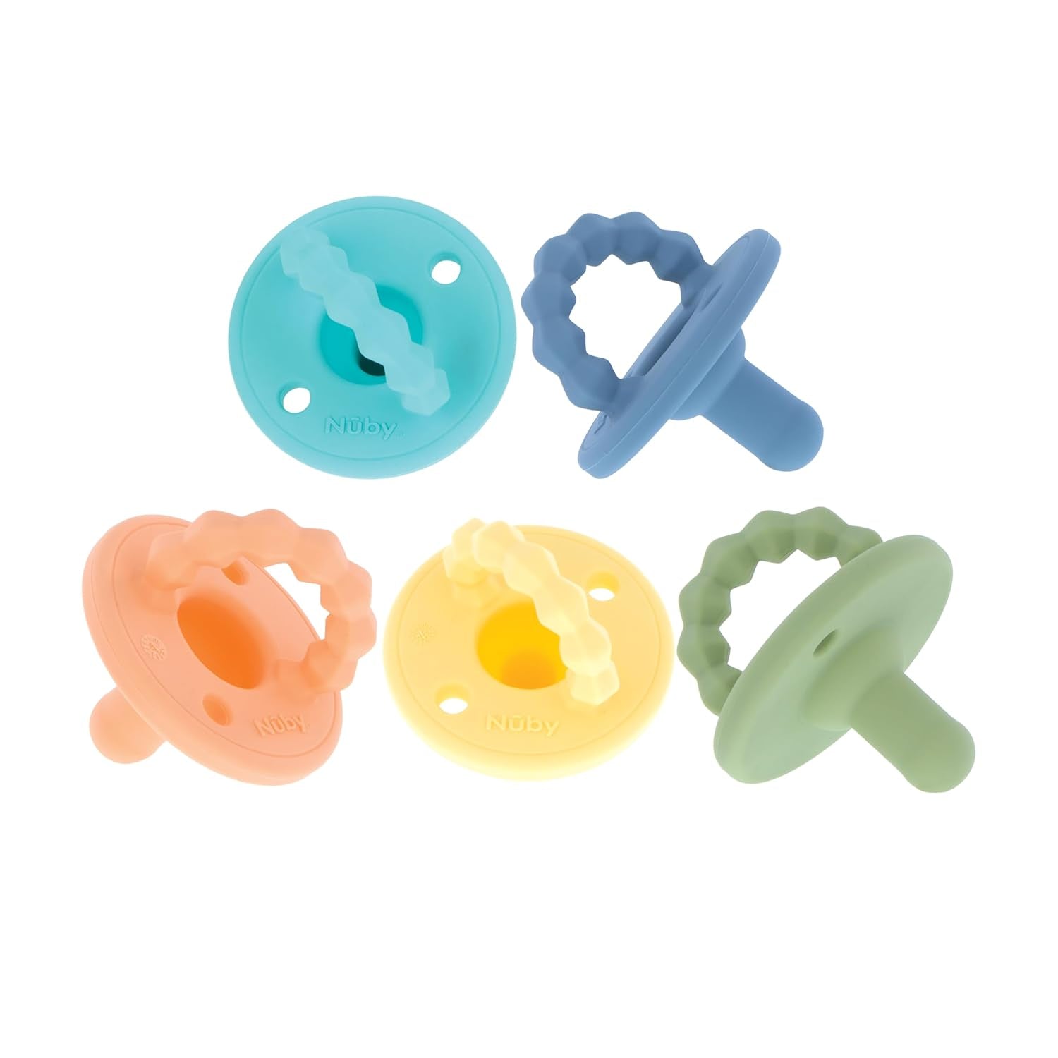 Nuby – Set med 5 mjuka ortodontiska nappar och nappar i silikon | 3 modeller för dag och natt | 2 modeller som lyser i mörkret | BPA-fri | Bröstliknande form | För 18-36 månader