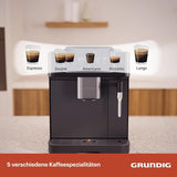 GRUNDIG KVA 6230 helautomatisk espressomaskin med mjölkskummare, rostfri kvarn med 13 malningsinställningar, bönbehållare 250 g, avtagbar vattentank 2 liter, pumptryck 19 bar, pekskärm, svart