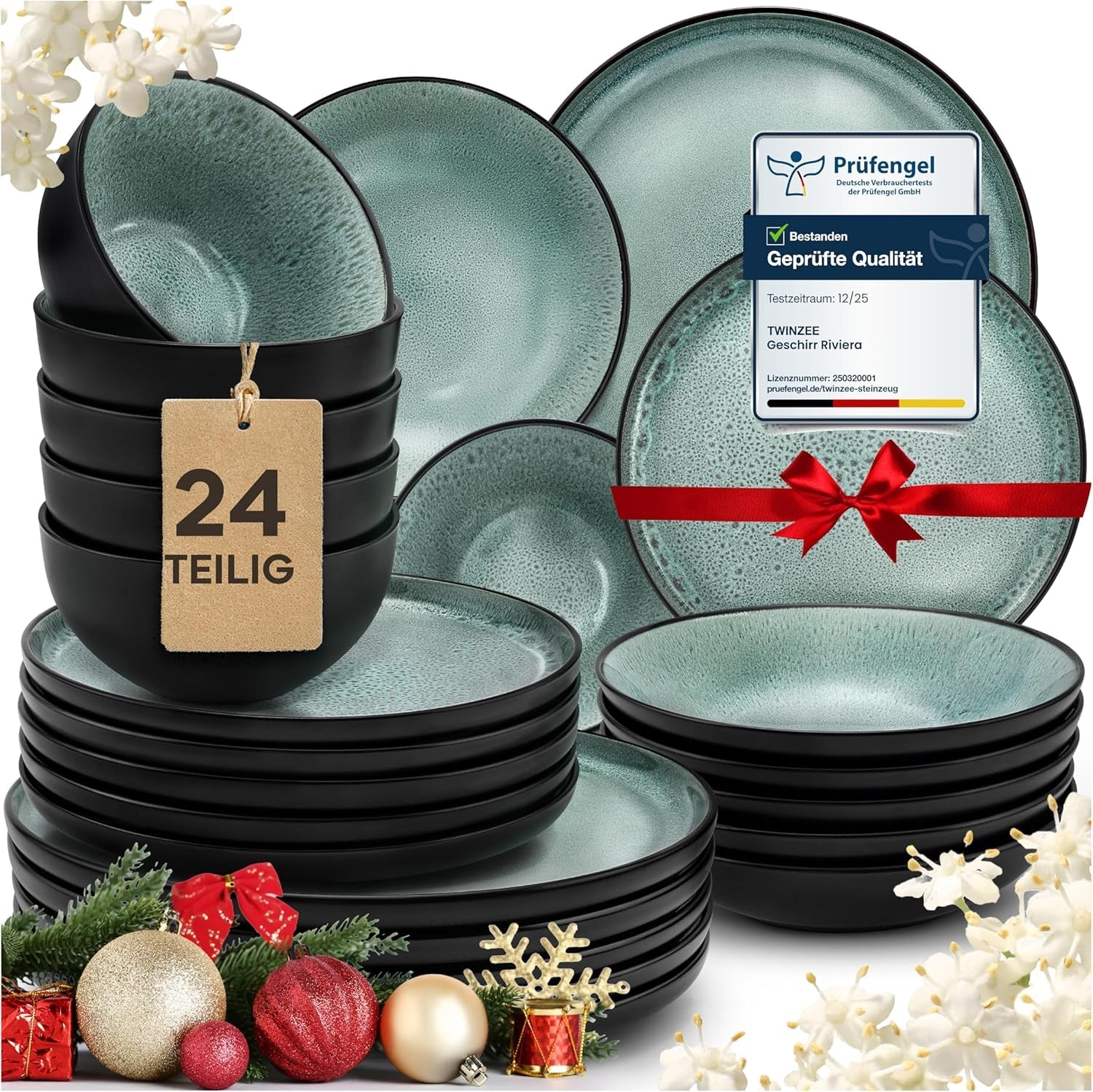 Twinzee 24-delat servisset i stengods för 6 - Skål- och tallrikset - Stengods som kan användas i mikrovågsugn - Riviera Collection