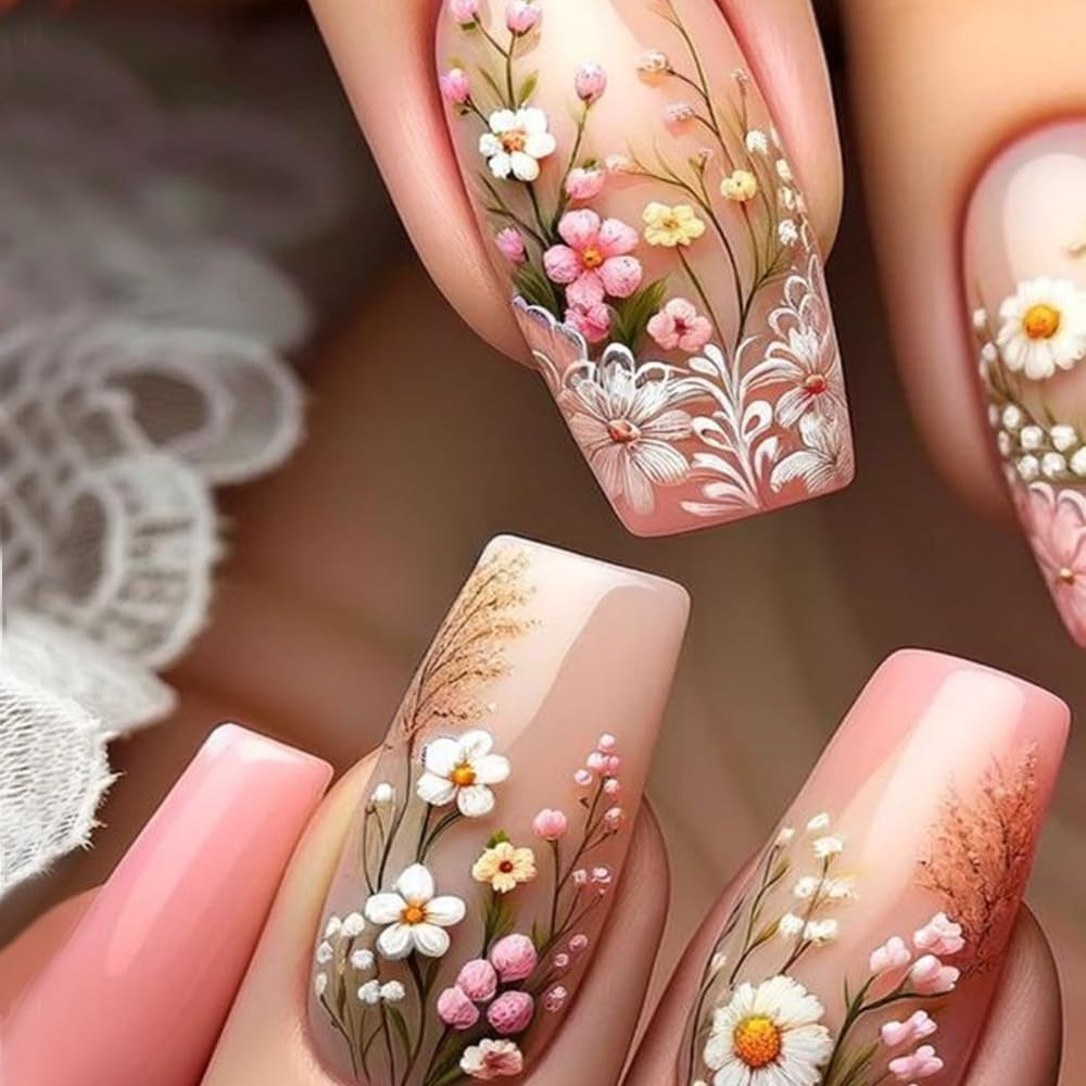 24st lång tryck på naglar kista konstgjorda naglar fjäril blomma självhäftande naglar vit brun akryl nageluppsättning spikspetsar kvinnor vår sommar nageltillbehör