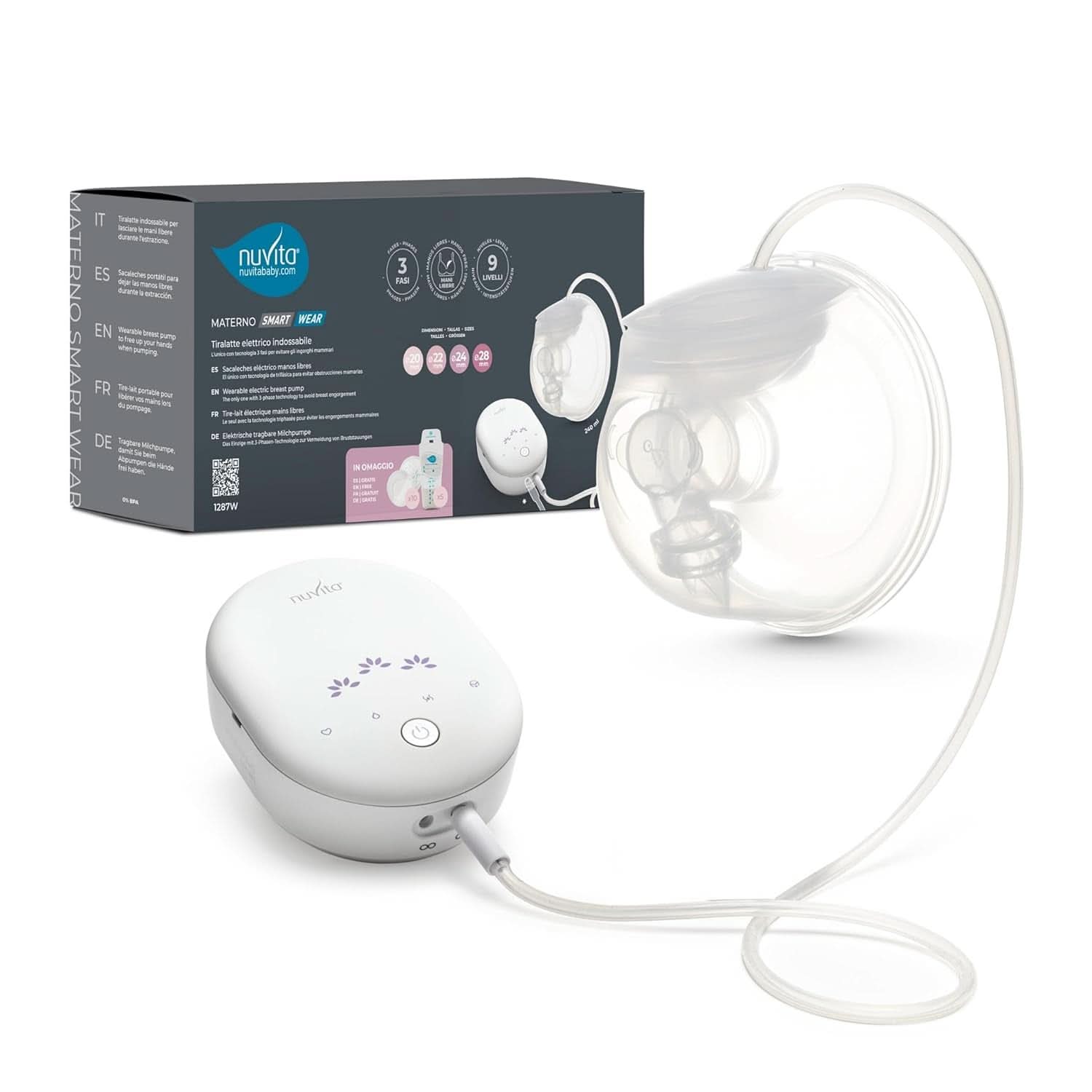 Nuvita Materno Smart Wear 1287W - Hands-free bärbar elektrisk bröstpump - 3-fas teknologi, anpassningsbar, portabel, dubbel bröstpump konverteringssats tillgängligt Tillbehör Mat och amning Bebe Naty Shop
