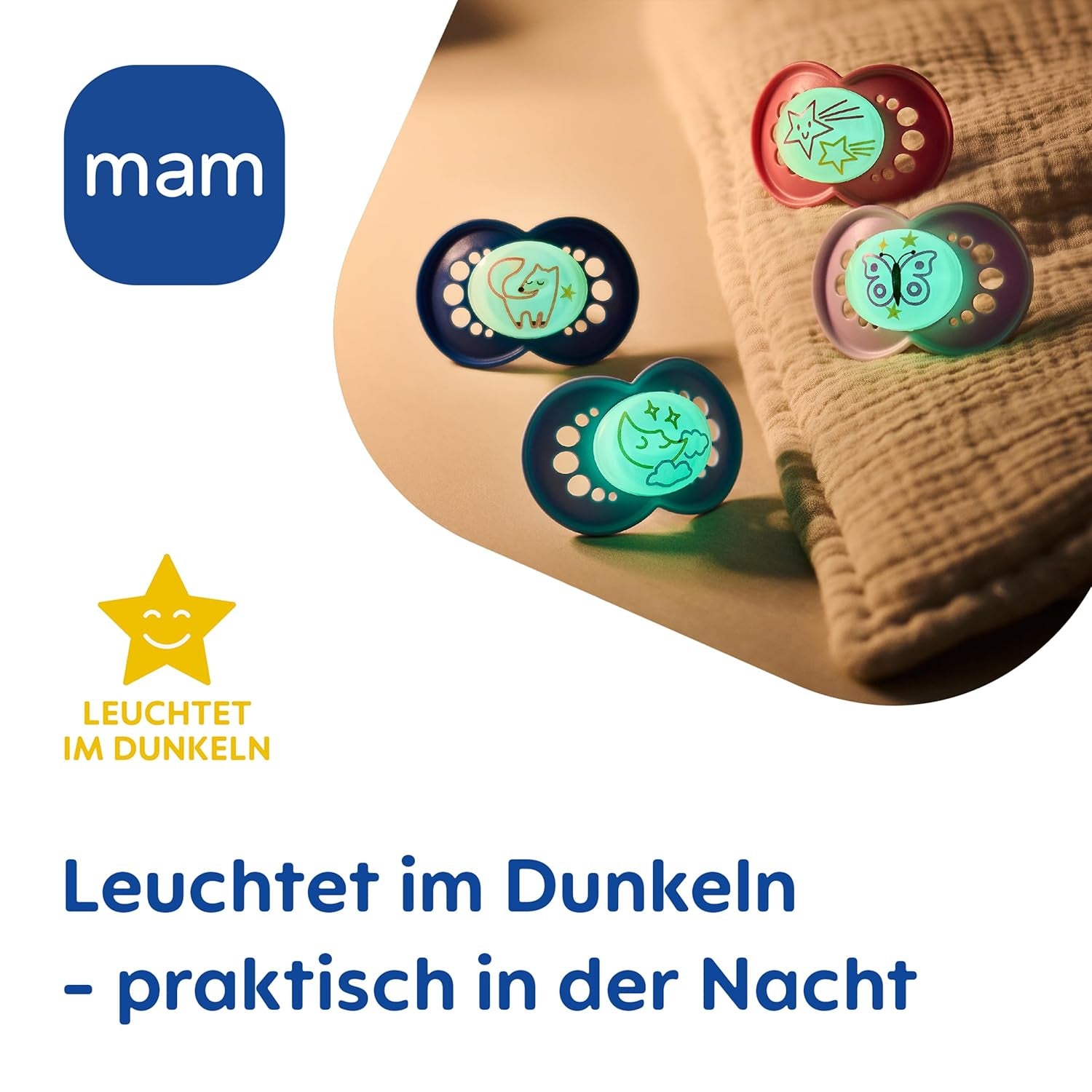 MAM Original Day & Night Matt Napp | 6-16 månader | Acceptans 94% | Napp hjälper till att förhindra oönskad tandjustering | Utvecklad tillsammans med tandläkare | Silikon SkinSoft | Räv/Måne | Paket om 4