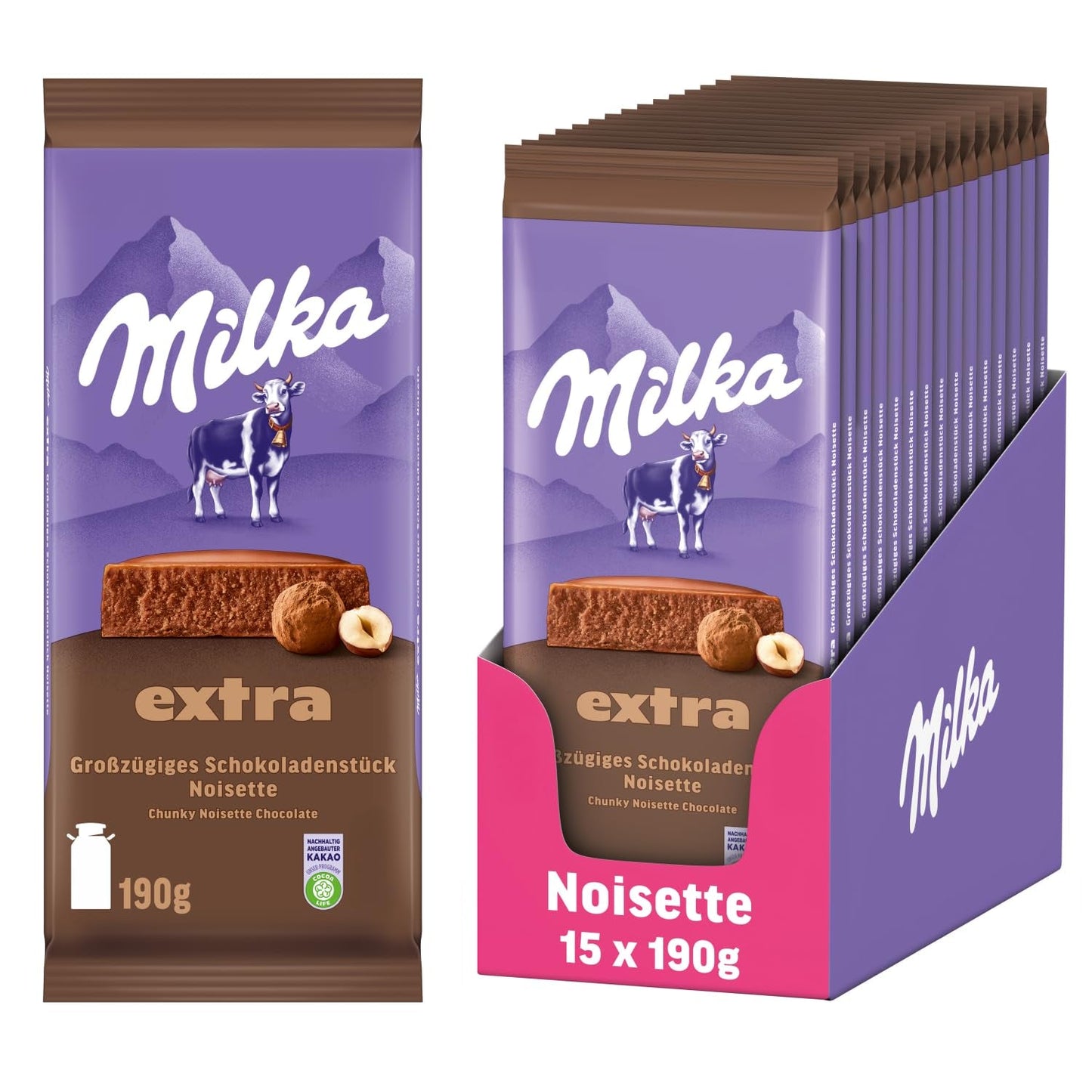 Milka Extra Noisette – alpin mjölkchoklad med delikat och krämig hasselnötsfyllning – 15 x 190 g