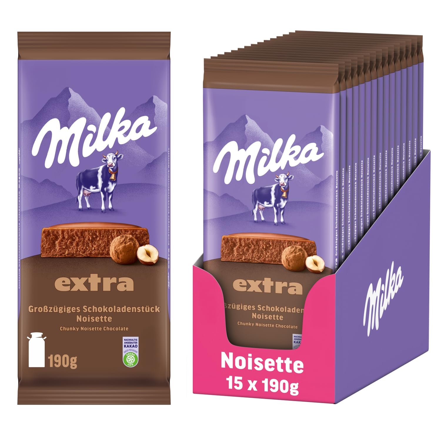Milka Extra Noisette – alpin mjölkchoklad med delikat och krämig hasselnötsfyllning – 15 x 190 g