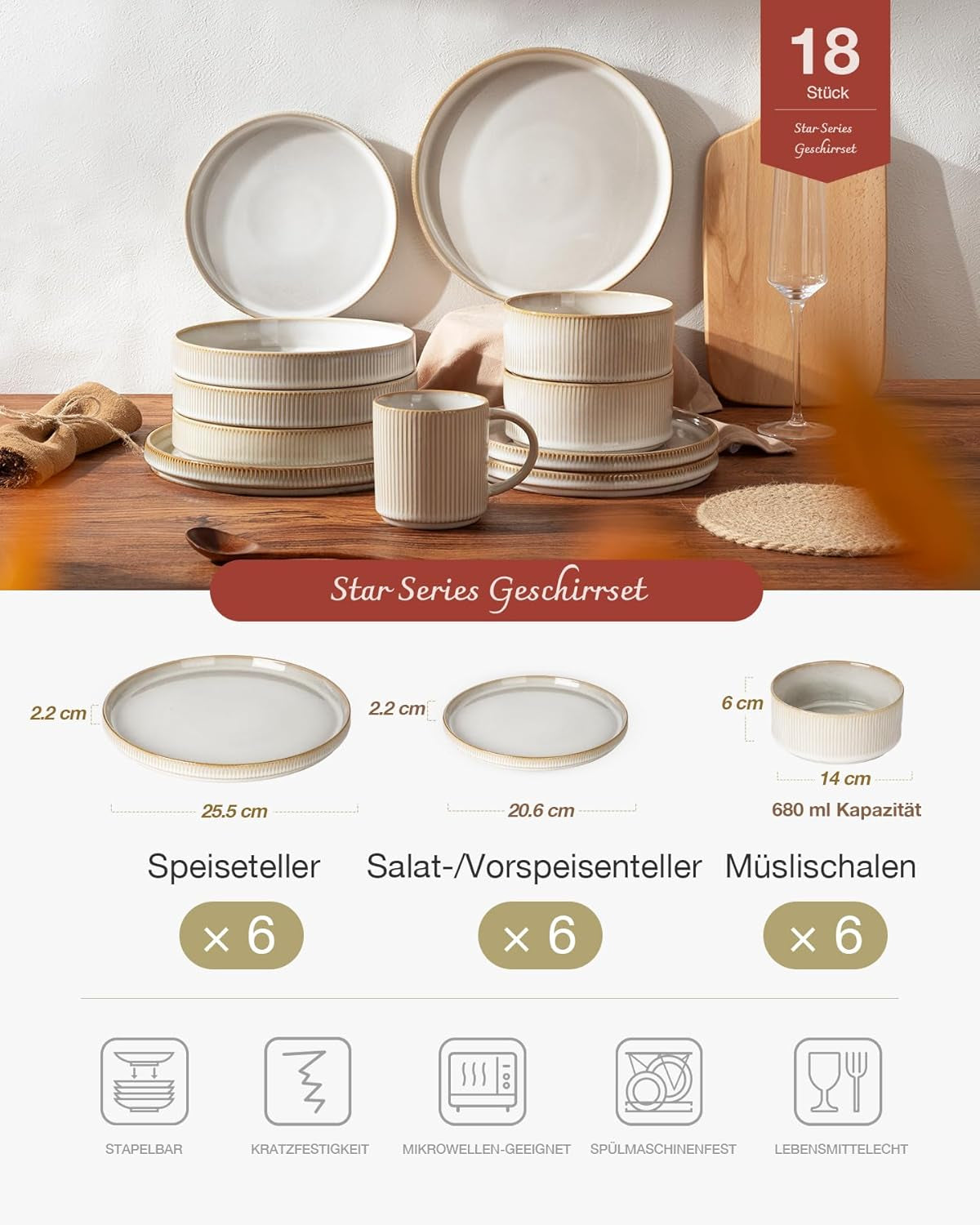 Star 18-delat servisset, 6-personers servisset, porslin, reptåligt, mikrovågs- ​​och diskmaskinssäkert, cappuccinovit