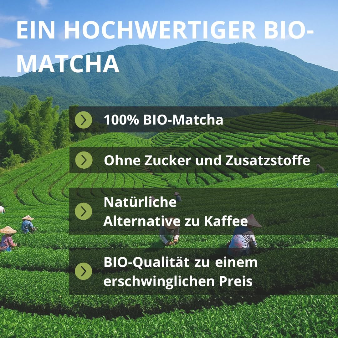 | Matcha ekologiskt pulver 100 g | Grönt te Matcha Powder Ceremoniell Grade | 100 % naturlig och premiumkvalitet | Avgiftande te | Kompatibel med Matcha set, skaft, skål och glas.