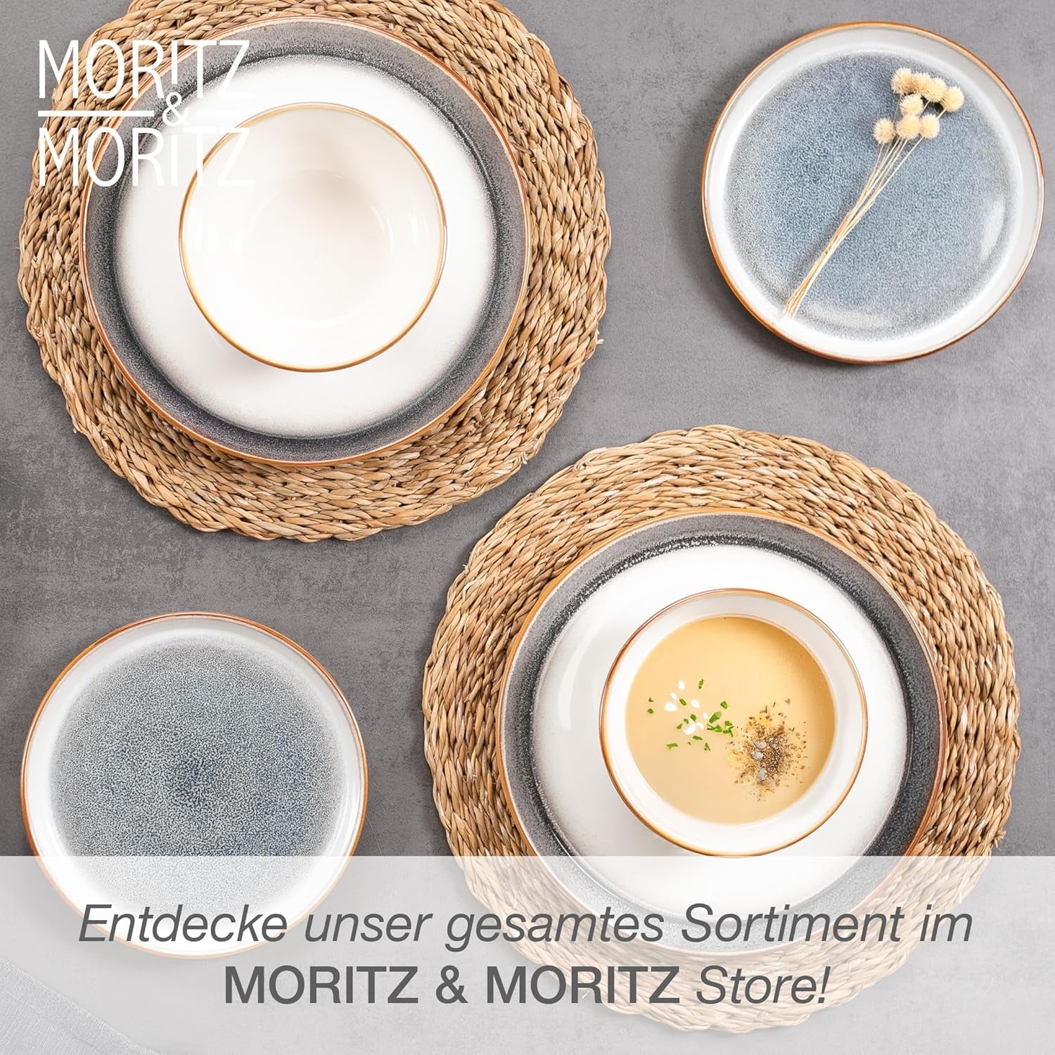 Moritz & Moritz TARENTO 24-delat servisset för 6, grå - Elegant tallriksset i stengods av hög kvalitet - Matservisset innehåller 6 mattallrikar, 6 desserttallrikar, 6 middagstallrikar och 6 koppar