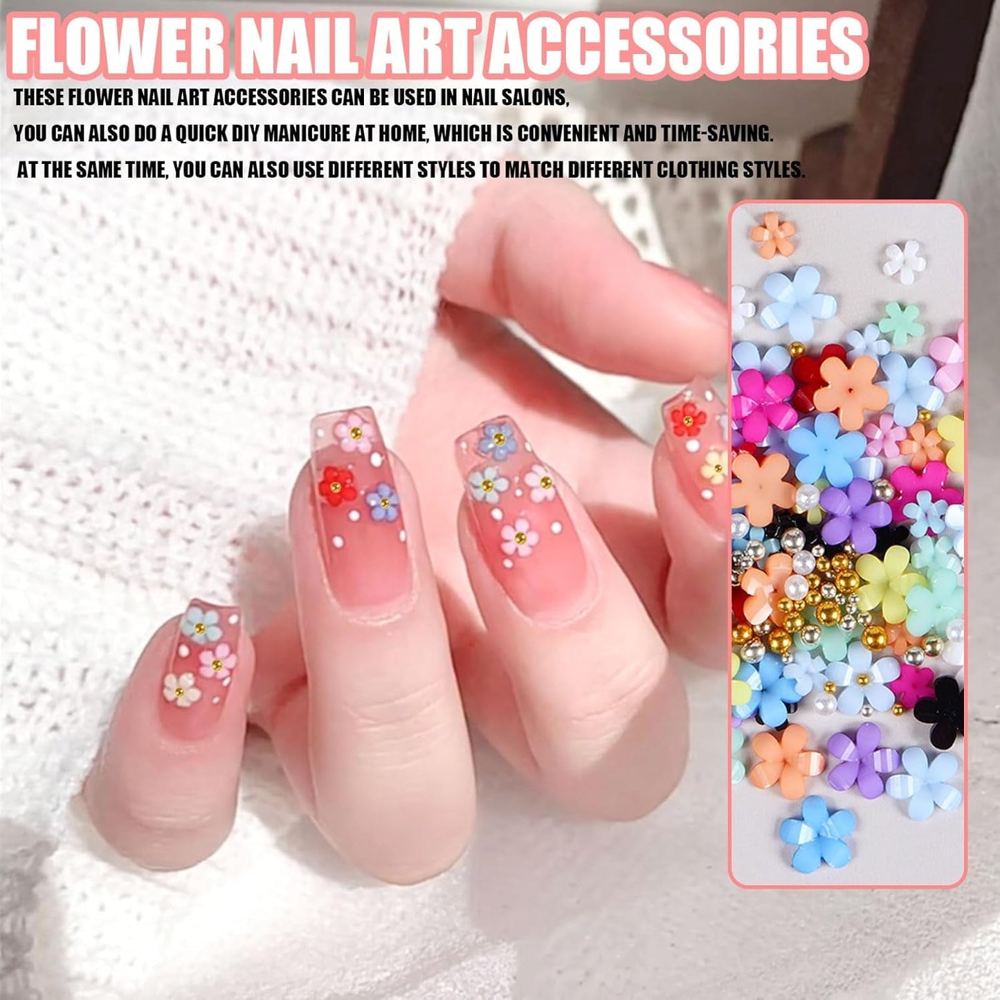 3D-blomma nagelberlocker, 12 rutnät akryl harts blomma och guld silverpärlor nagelstenar, blomgel naglar, blom nagel dekorationer för kvinnor och flickor, DIY manikyr tillbehör