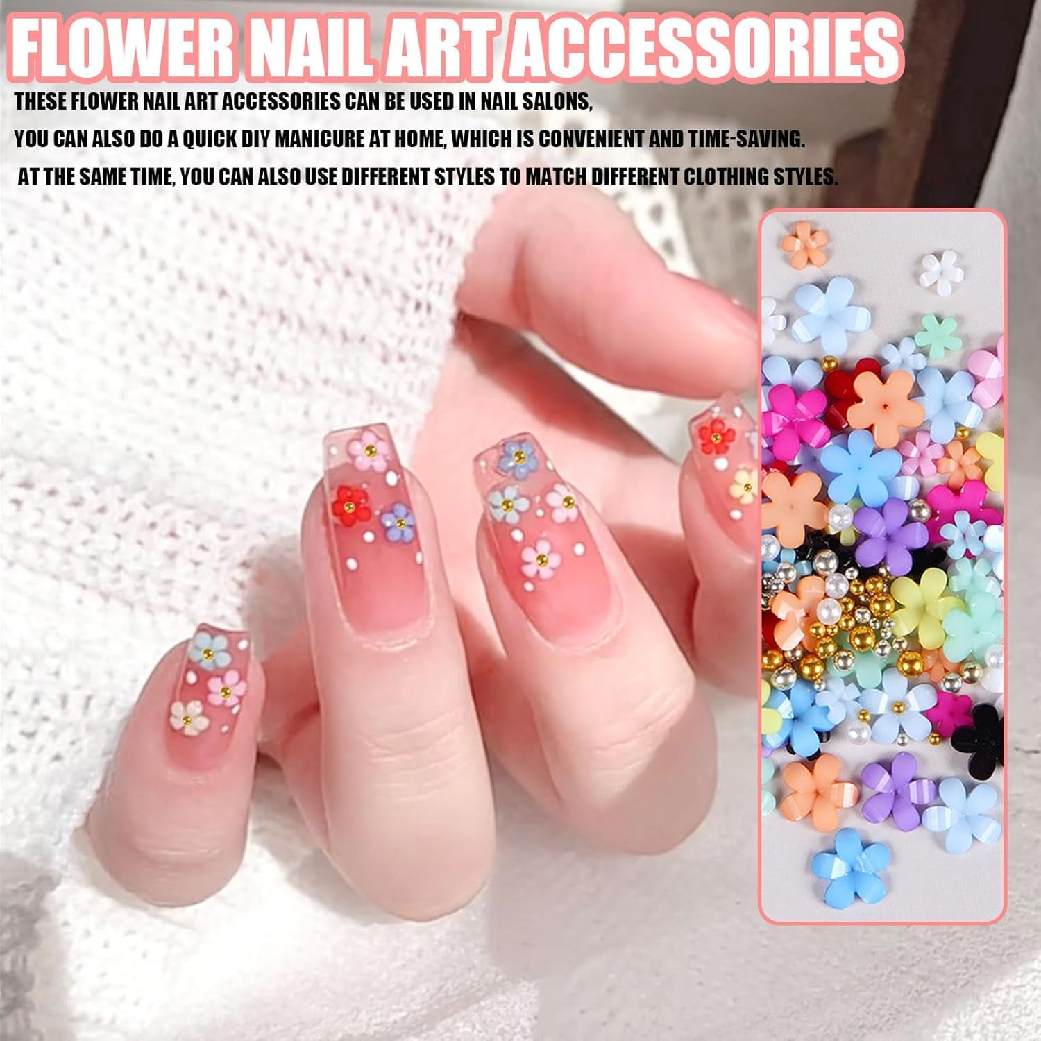 3D-blomma nagelberlocker, 12 rutnät akryl harts blomma och guld silverpärlor nagelstenar, blomgel naglar, blom nagel dekorationer för kvinnor och flickor, DIY manikyr tillbehör