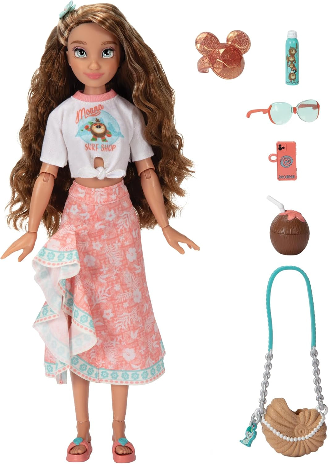 Vaiana docka med tillbehör, 29cm, 13 artikulationspunkter, officiellt licensierad av Jakks Pacific. Komplett med kombinerbara tillbehör och en gnistrande Mickey-ring!
